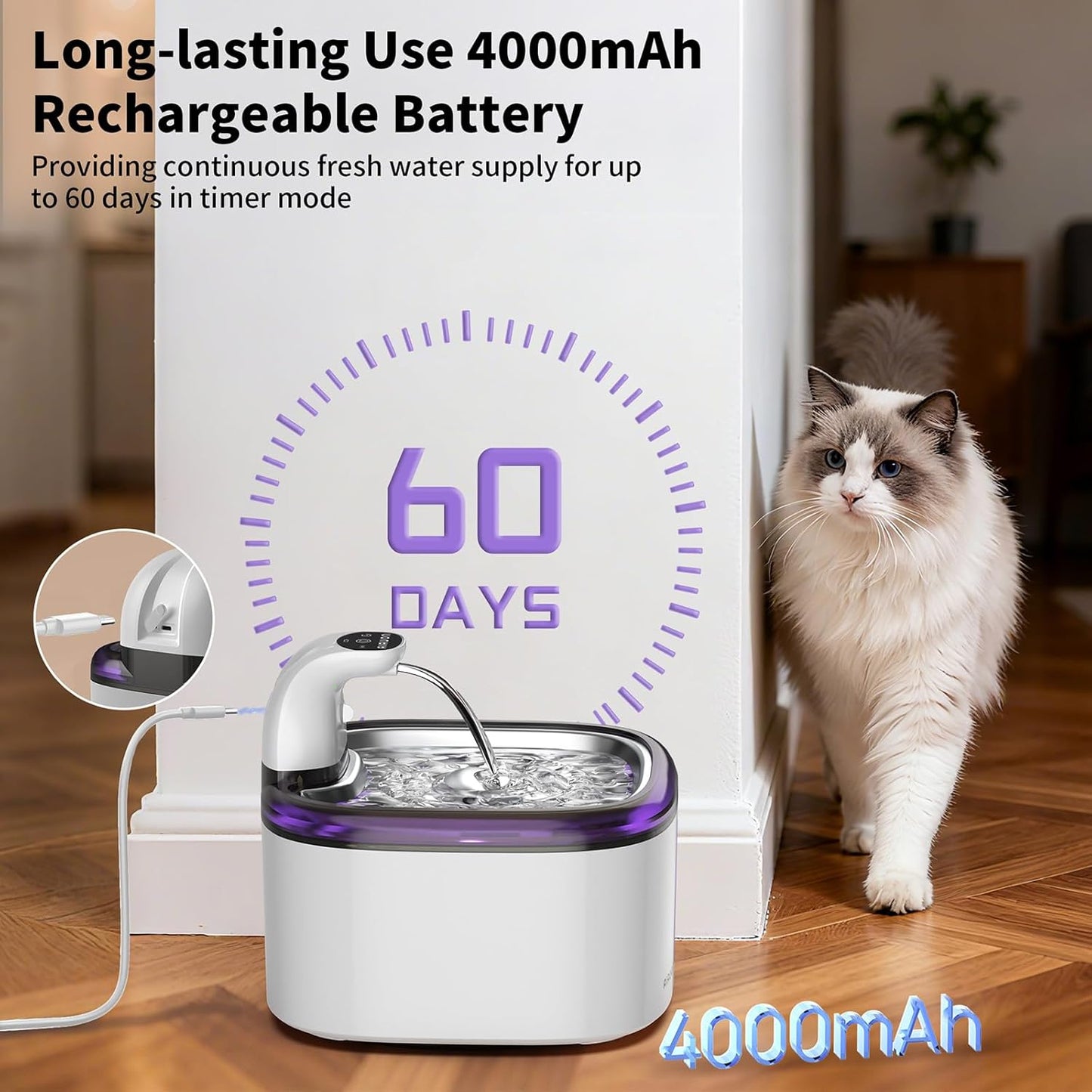 Cat Water Fountain Cordless 118oz/3.5L Wireless & Battery Operated Pet Water Fountain for Indoor Cats, Stainless Steel Tray with Sensor & Timer Modes, Ultra-Quiet, BPA-Free & Easy-to-Clean