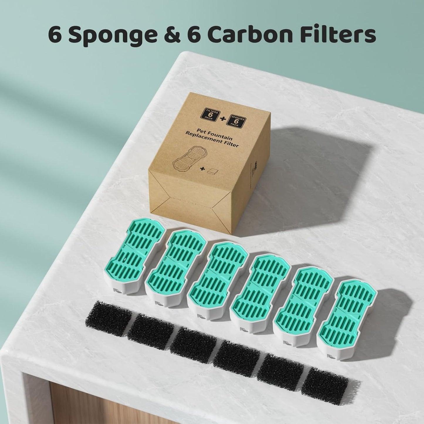 Cat Water Fountain Filters, 12-Piece Value Pack (6 Carbon Filters & 6 Sponges) for SARPAWS PWS-148B Stainless Steel Pet Fountain, 4-Stage Purification System, Fresh Water Supply