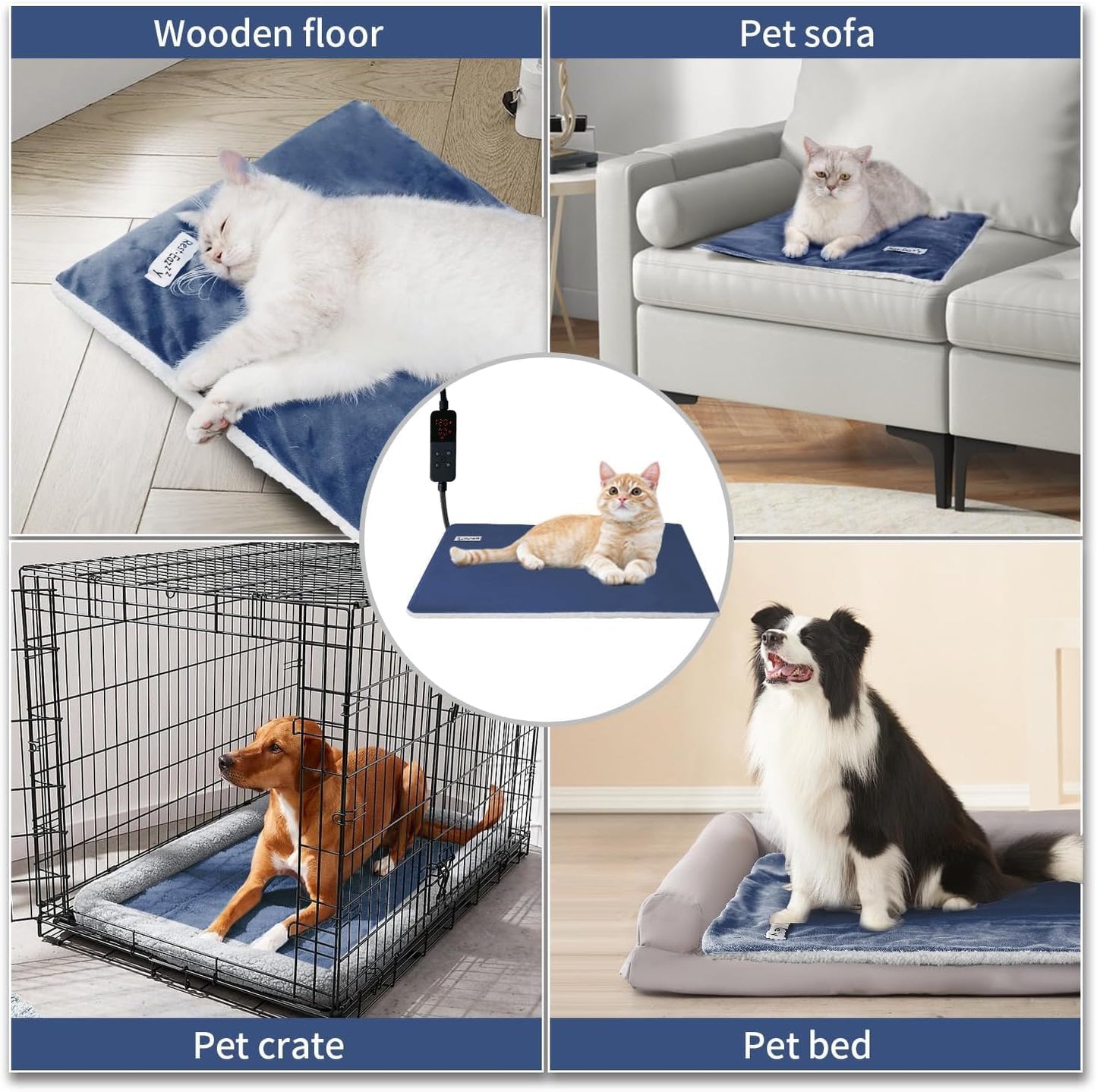 Rest-Eazzzy Pet Heating Pad Indoor, Dog Heating Pad Mat with Removable Cover, 5 Level Timer 5 Level Temperature, Electric Pet Warming Mat for Cat Dog Automatic Power-Off (Heat pad, Pure-Blue)