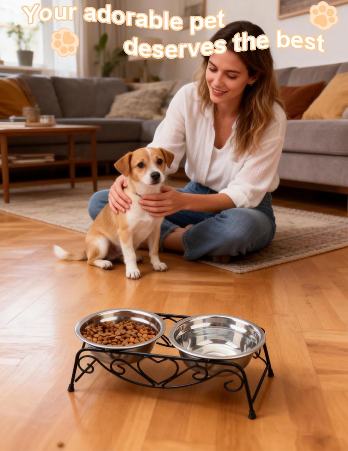 Small Dog Bowls with Metal Stand for Small Breeds Cats and Puppies 3.4 Inch Fixed Height Elevated Feeder with 2 Removable Stainless Steel Bowls
