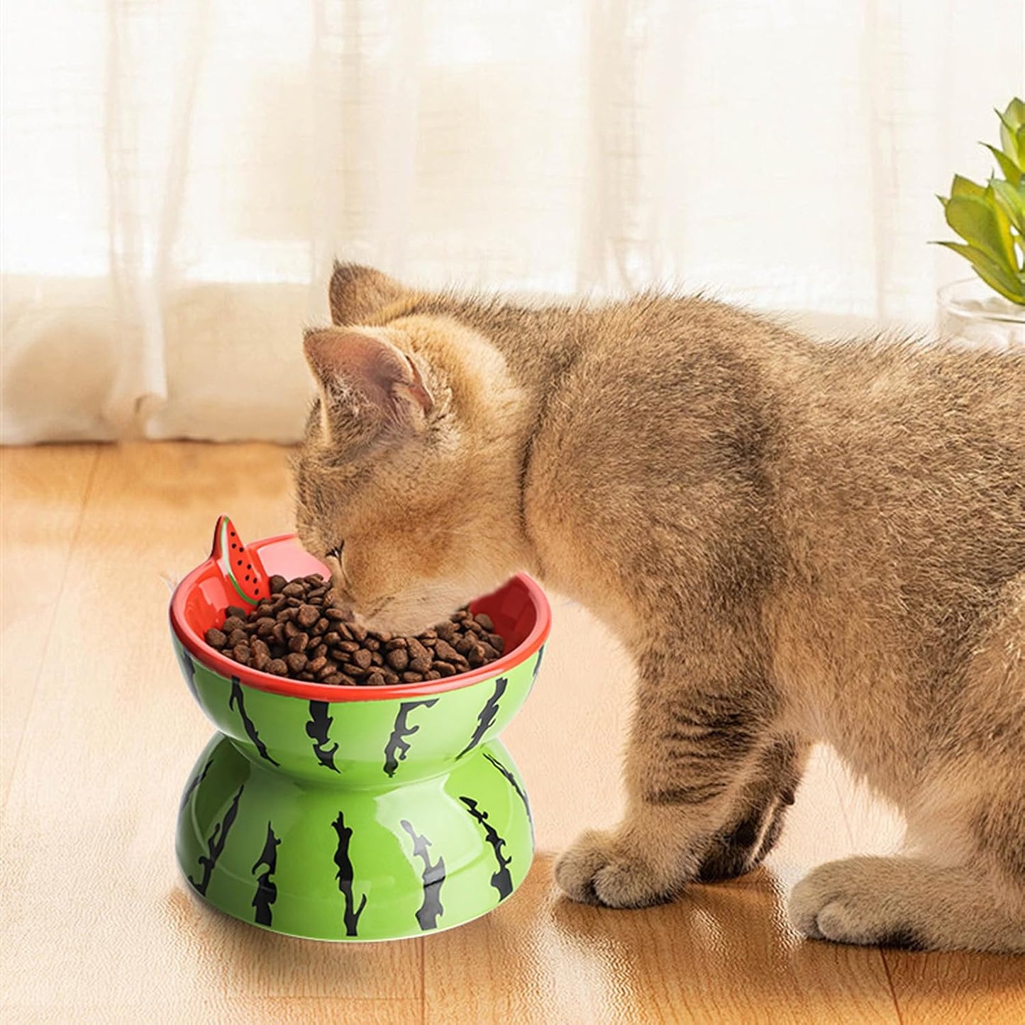 Ceramic Elevated Cat Food Bowl for Indoor Cats Tilted Food Bowls Cute Raised Cat Dish for Flat Faced Cats and Kitten (Watermelon Shaped, Medium)