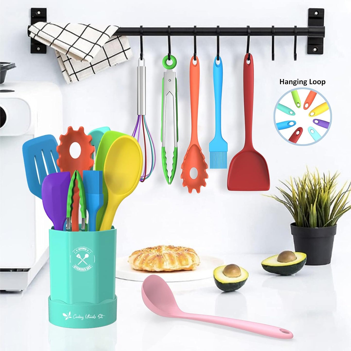 Silicone Kitchen Utensils Set, 16-Piece Silicone Cooking Utensils by Deedro, Heat Resistant Kitchen Tools Set with Holder, Nonstick Spatula Kitchen Gadgets for Cooking & Baking, Colorful