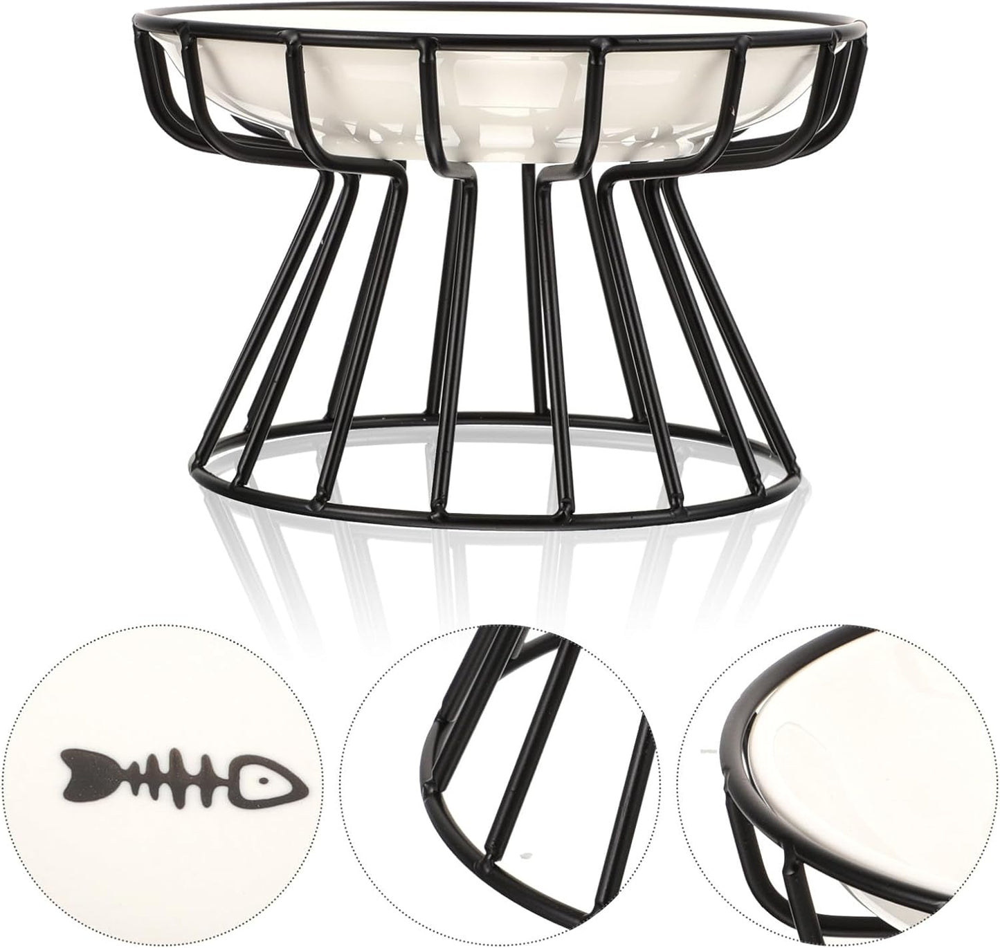 FAVOMOTO Ceramic Elevated Cat Food Bowl with High Base and Black Iron Stand, Whisker-Friendly Raised Pet Feeder for Cats and Kittens, Anti-tip Non-Slip Design for Indoor Feeding