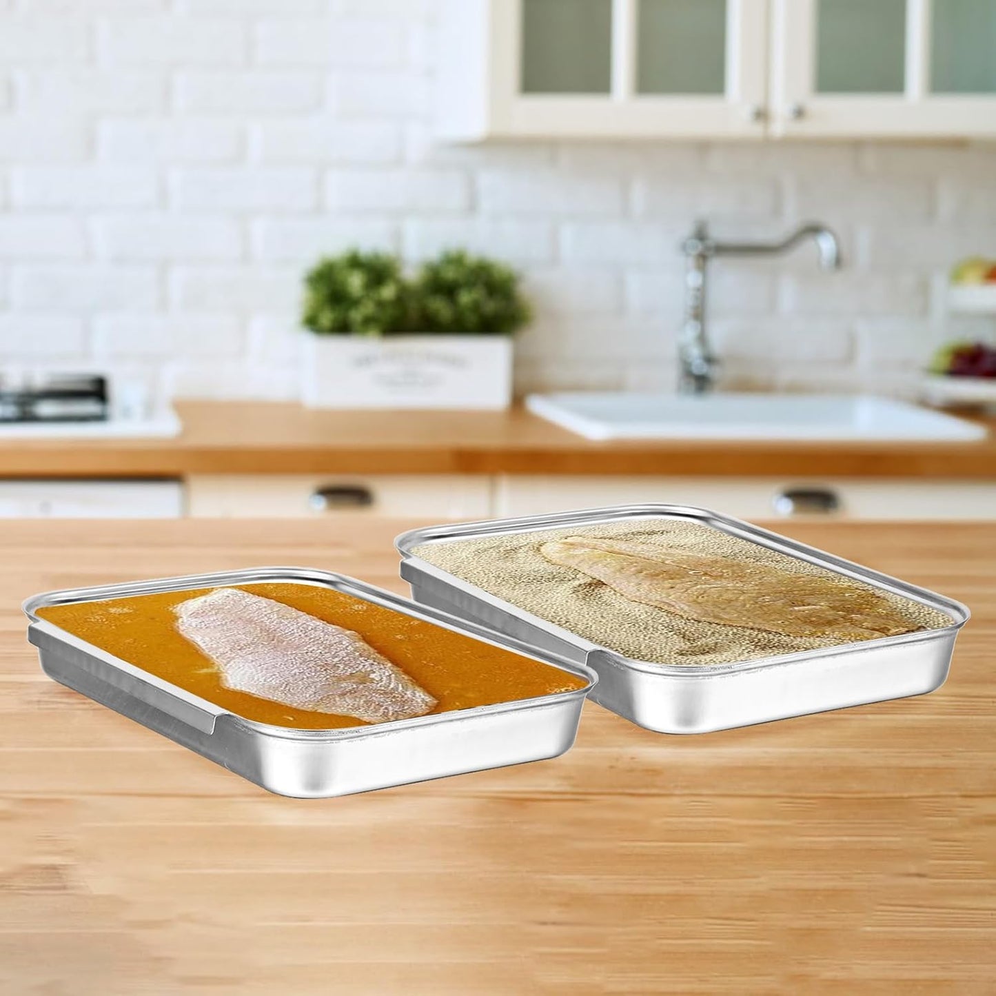 Breading Trays Set of 3 Dredging Trays for Cooking, Stainless Steel Breading Pans Set for Marinating Meat, Chicken, Fish, Food Prep Tray
