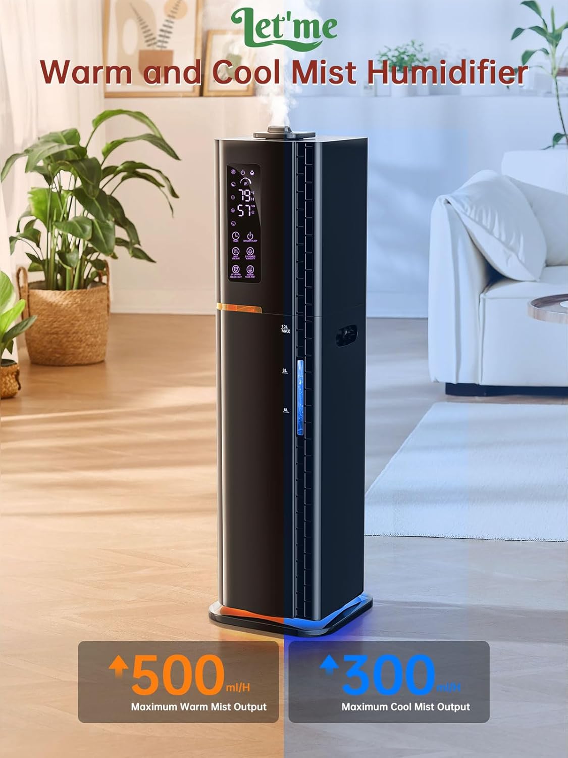 2.64Gal Humidifiers for Bedroom Large Room, Warm and Cool Mist up to 500ft², Top Fill Diffuser Ambient Light, 3 Mist Modes, 24H Timer, 35dB Quiet Humidifier for Home Office Plants