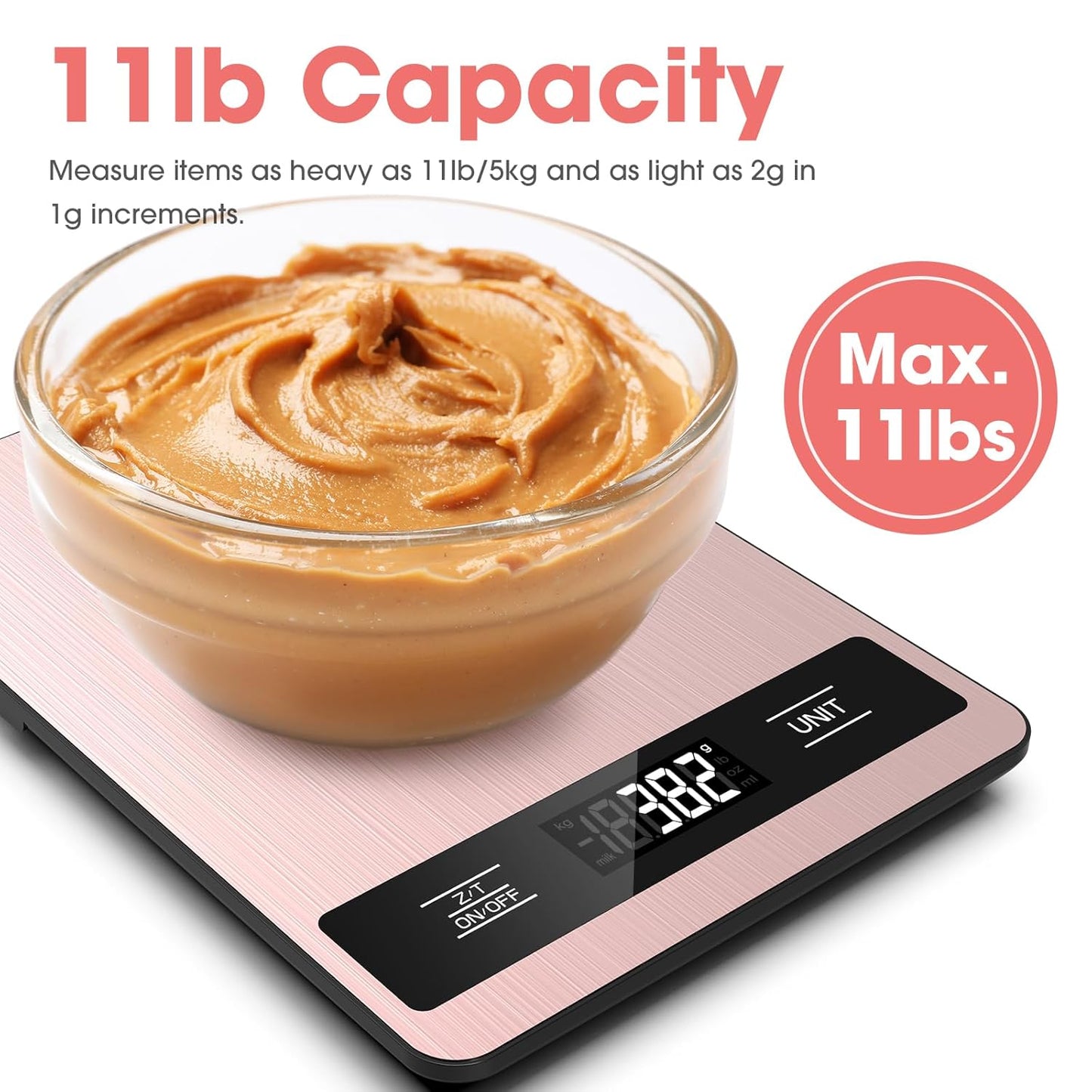 Food Scale, 11lb Digital Kitchen Scale Weight Grams and Ounces for Baking, Cooking and Meal Prep, 1g / 0.1oz Precise Graduation with 6 Units and Tare Function, LCD Display & Stainless Steel