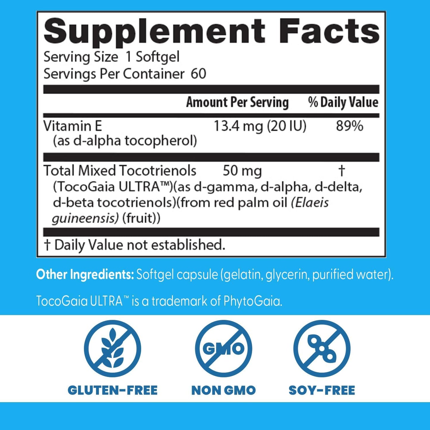 Doctor's Best Vitamin E Tocotrienols contains TocoGaia ULTRA™ bioenhanced full spectrum vitamin E complex, 60 Count