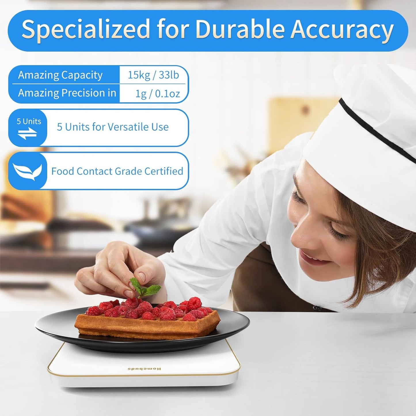 Homebuds 33lb Digital Food Scale Grams and Ounces in 1g, High Precision Assured by Kitchen Scale Professional Factory Since 2001, Gram Scale for Cooking and Baking, LED, 3*AAA, White by Golden Line