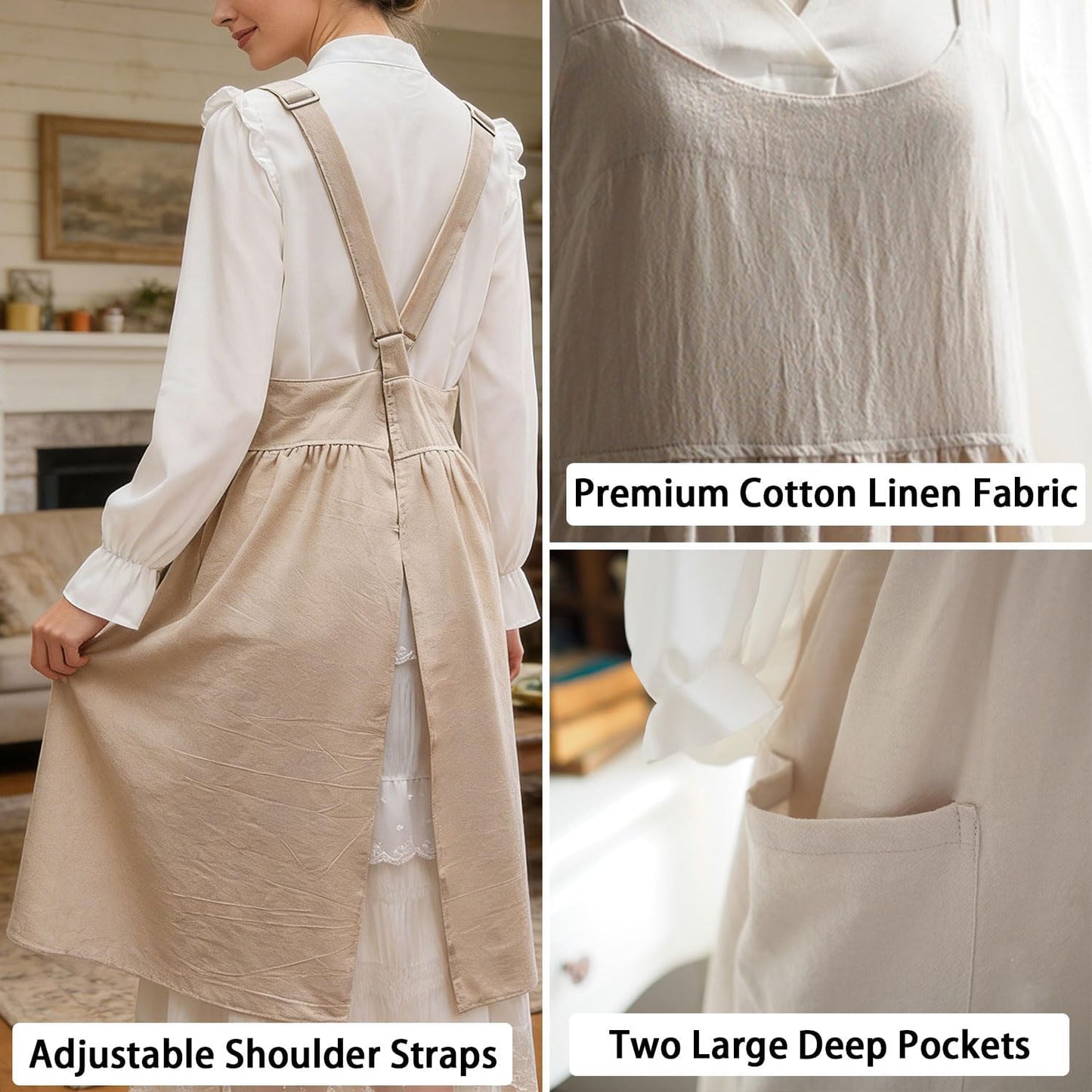 Uaussi Cotton Linen Apron Cross Back Work Apron for Women with Pockets Pinafore Dress X Cross Halter Apron for Chef Gardening