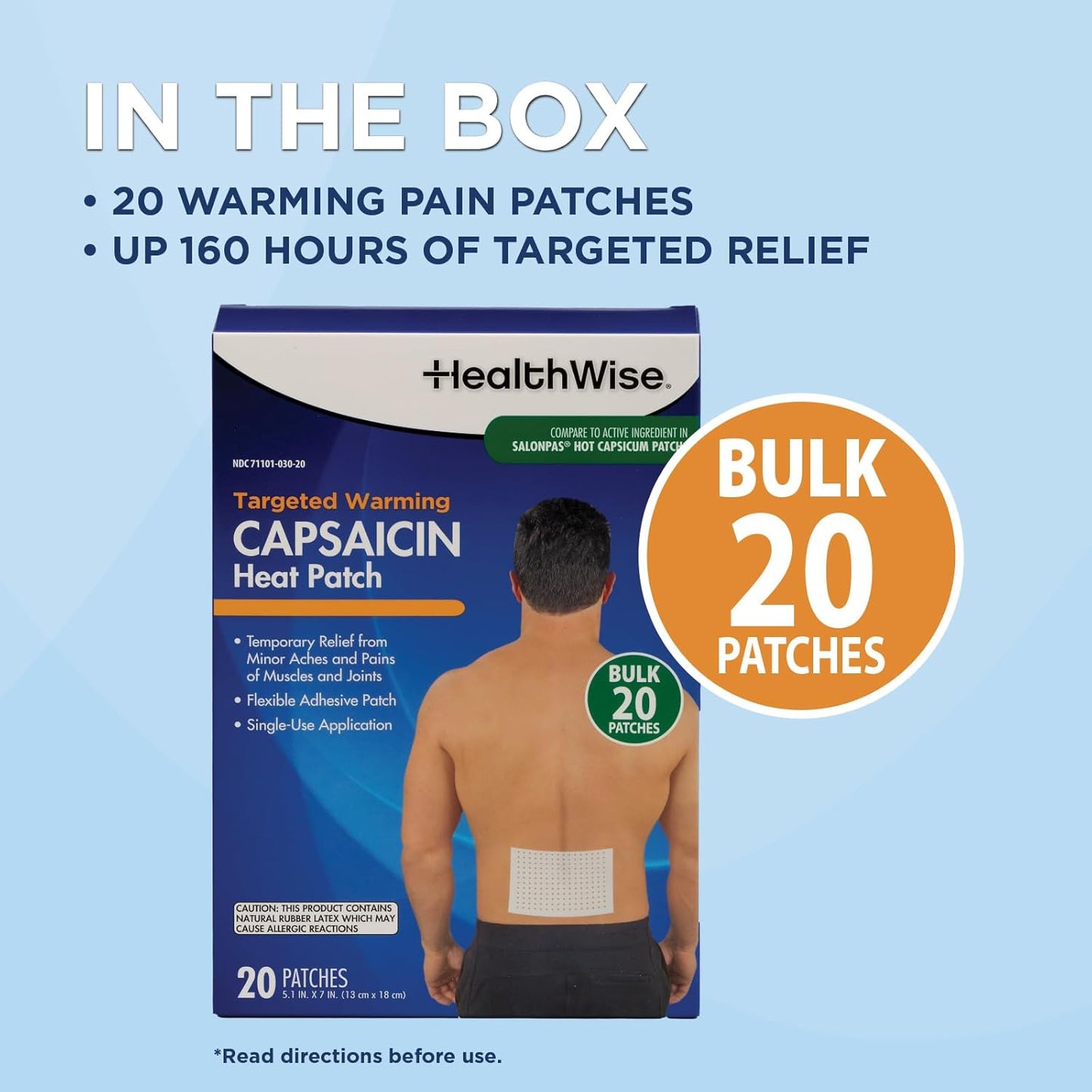 HealthWise Targeted Warming Capsaicin Heat Patch | Back & Large Areas | 20-Count | 5.25” x 7” | Topical Analgesic | Soothes Minor Aches and Pains