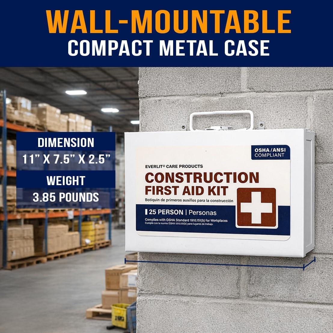 EVERLIT 185 Pcs Metal First Aid Kit for Contractors, Construction Site, OSHA Compliant, Workshop, Business, Commercial Truck Vehicle DOT, Wall Mount Box, All-Purpose