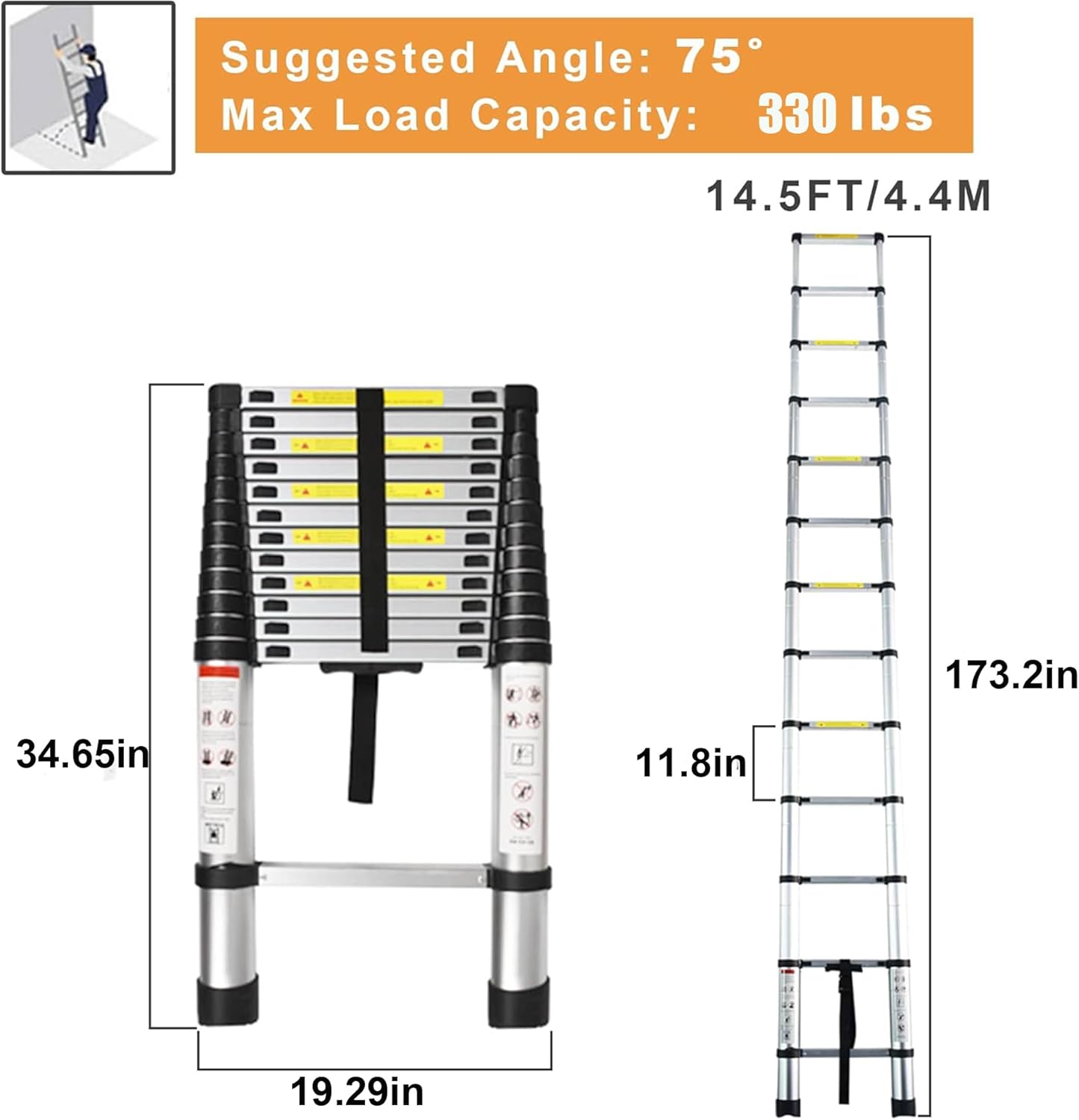 Telescoping Extension Ladder 14.5 FT, Folding Telescopic Aluminum Ladders, Lightweight Collapsible Ladder Step for RV Roof Attic Home, 330 LB Capacity (14.5 FT)