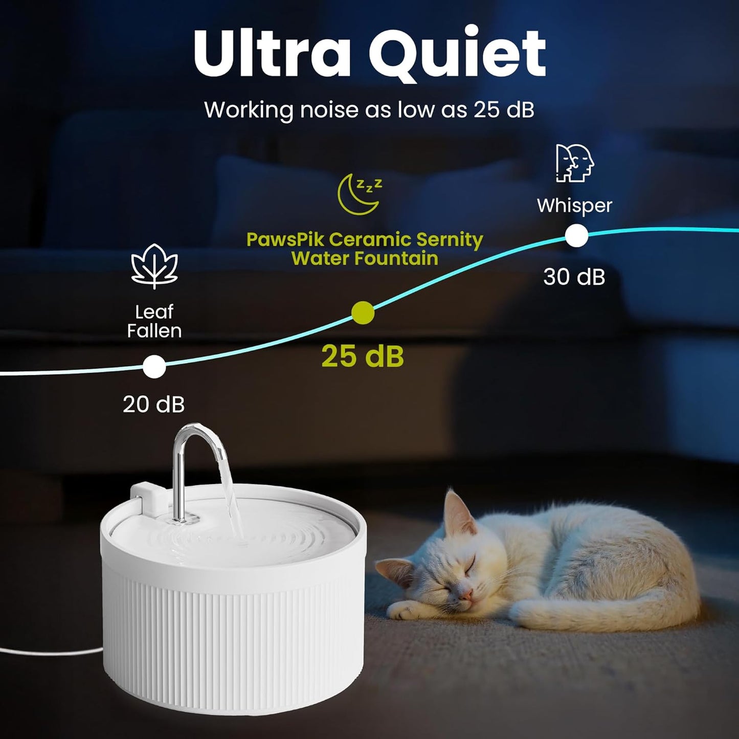 PawsPik Ceramic Serenity Pet Water Fountain – Faucet-Style Spout, Quiet Motor, 5-Layer Filter – BPA-Free Ceramic Bowl for Dogs & Cats, 9-Cup, White