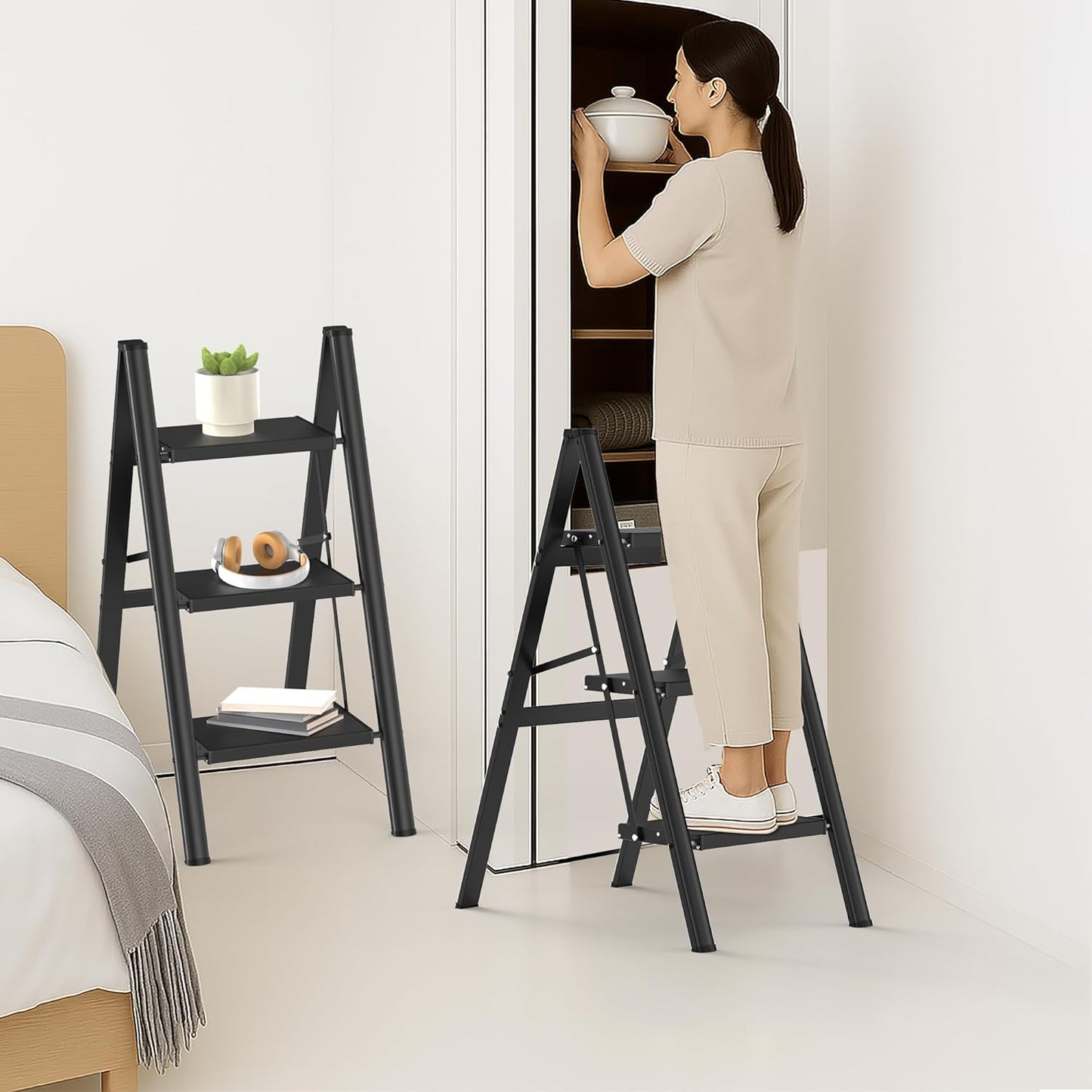 HBTower 3 Step Ladder, Lightweight Aluminum Folding Step Stool, Step Stool Foldable with Wide Anti-Slip Pedal, 330lbs Capacity for Home and Kitchen, Black