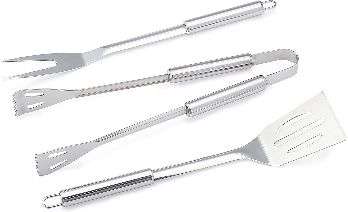 Amazon Basics 4-Piece Stainless Steel BBQ Grilling Tool Set with Carry Bag, Rust-Resistant, Dishwasher Safe