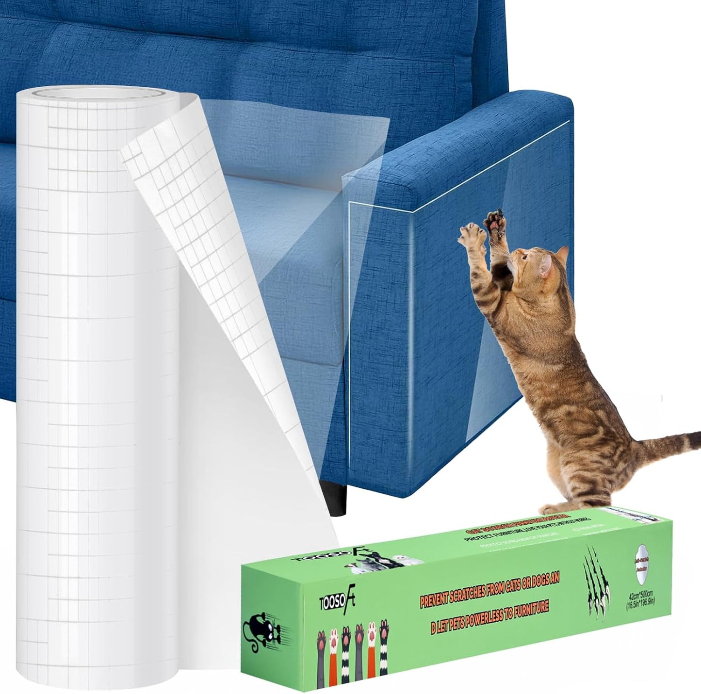 TOOSOFt Anti Cat Scratch Furniture Protector Clear Thicken Vinyl 196.9"x16.5" Couch Protector from Cat Claws - Single Sided Sticky Flexible Dog Tape for Furniture, for Couch Corner Door Walls Bed
