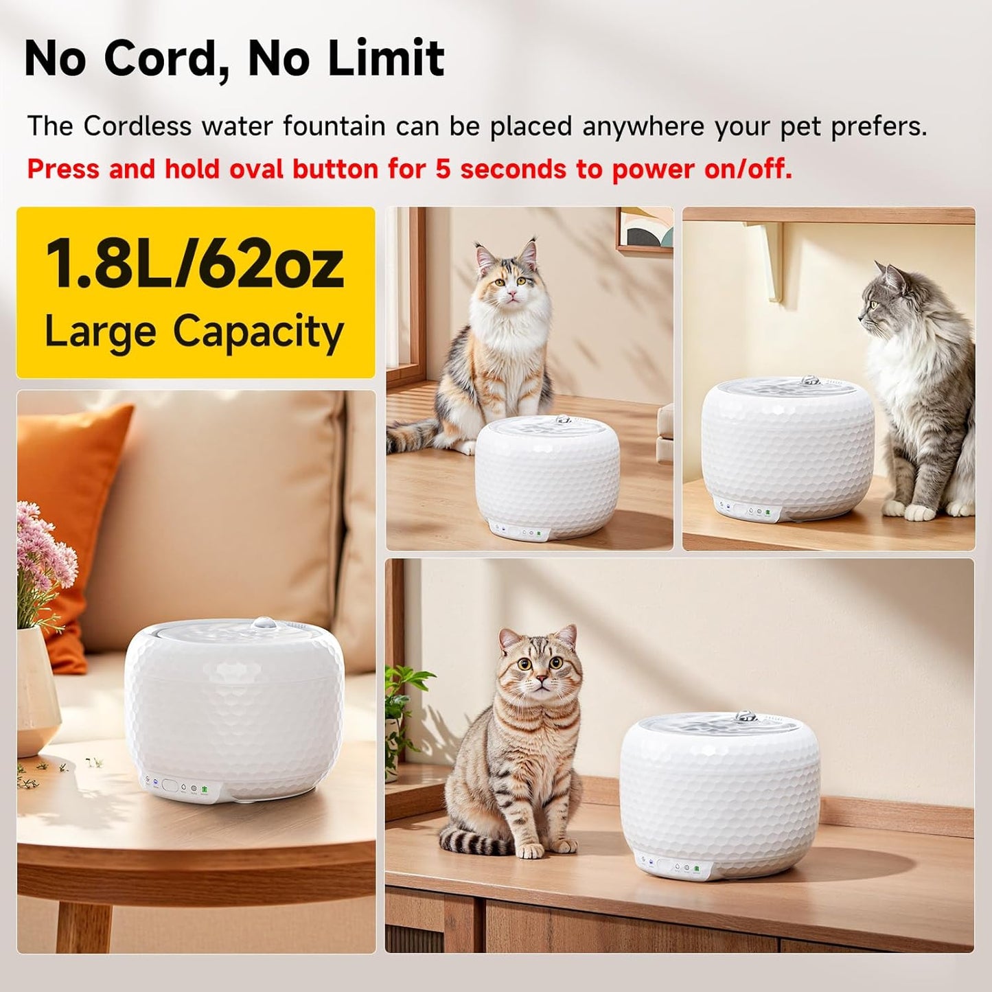 1.8L Wireless Cat Water Fountain with 5200mAh Rechargeable Battery, Cordless Pet Water Fountain with Ultra Quiet Pump, 2 Flow Modes Automatic Drinking Fountain for Cats & Small Dogs (ABS)