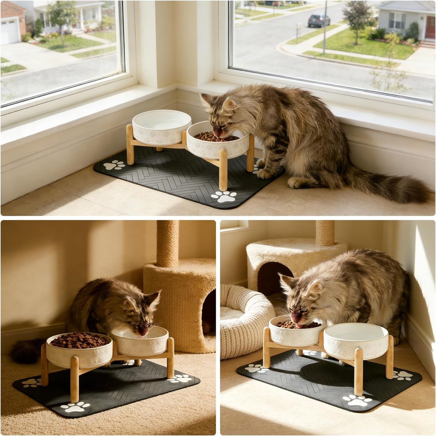 Raised Ceramic Pet Bowls Set with Wooden Stand & Waterproof Mat, 16oz Anti-Vomit Whisker-Friendly Bowls for Cats & Small to Medium Dogs, Non-Slip Stable Design