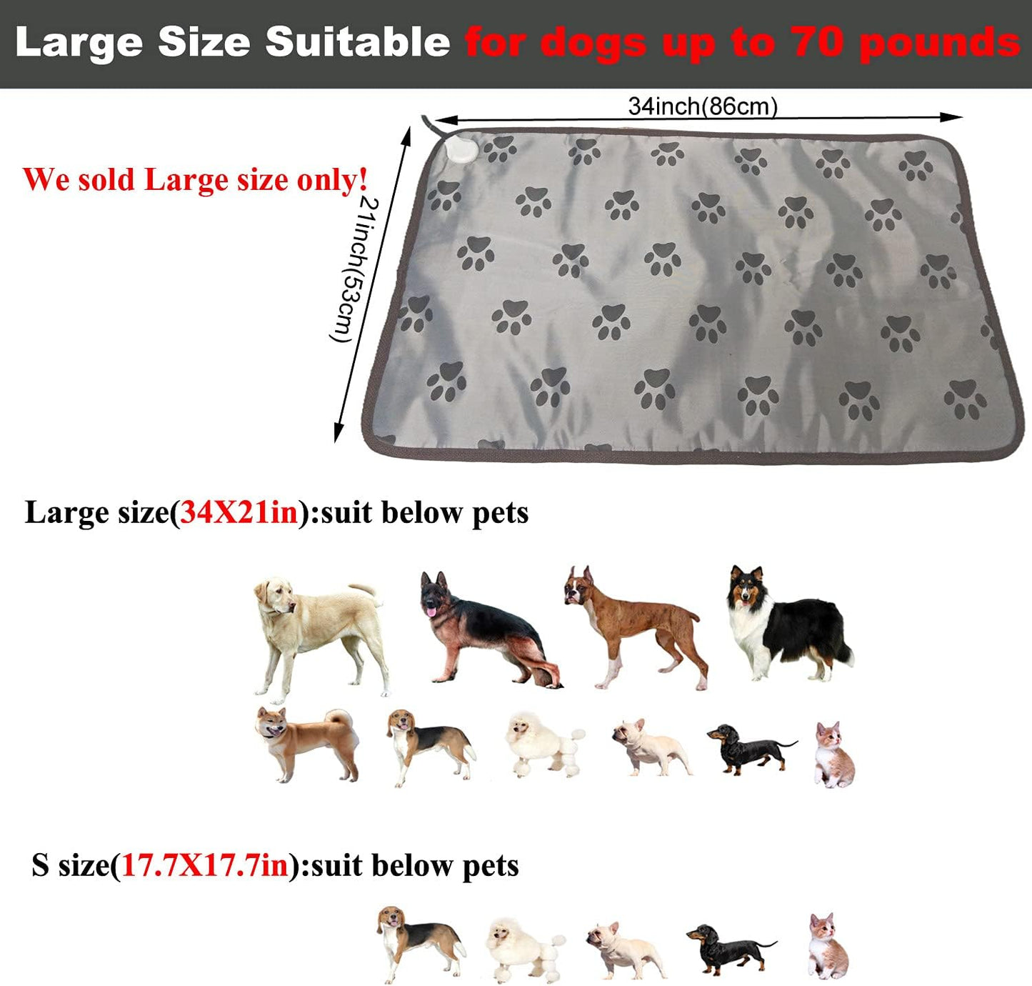 Waterproof Pet Heating Pat for Dogs & Cats - Chew-Resistant Cord, Temperature Adjustable,Power-Off Protection - Fits Whelping Box, Dog House (34"x21")