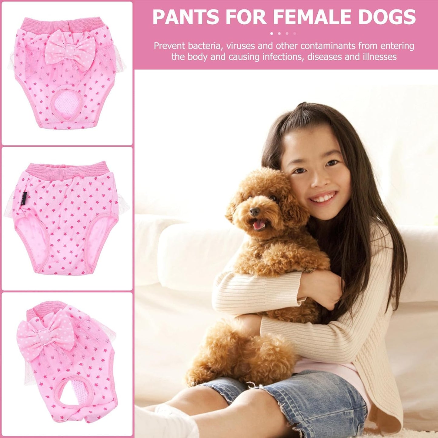 Milisten Female Dog Diaper Panties Reusable Washable Puppy Sanitary Diaper Lace Bow Pink Medium for Heat Cycle Protection and Pet Housebreaking