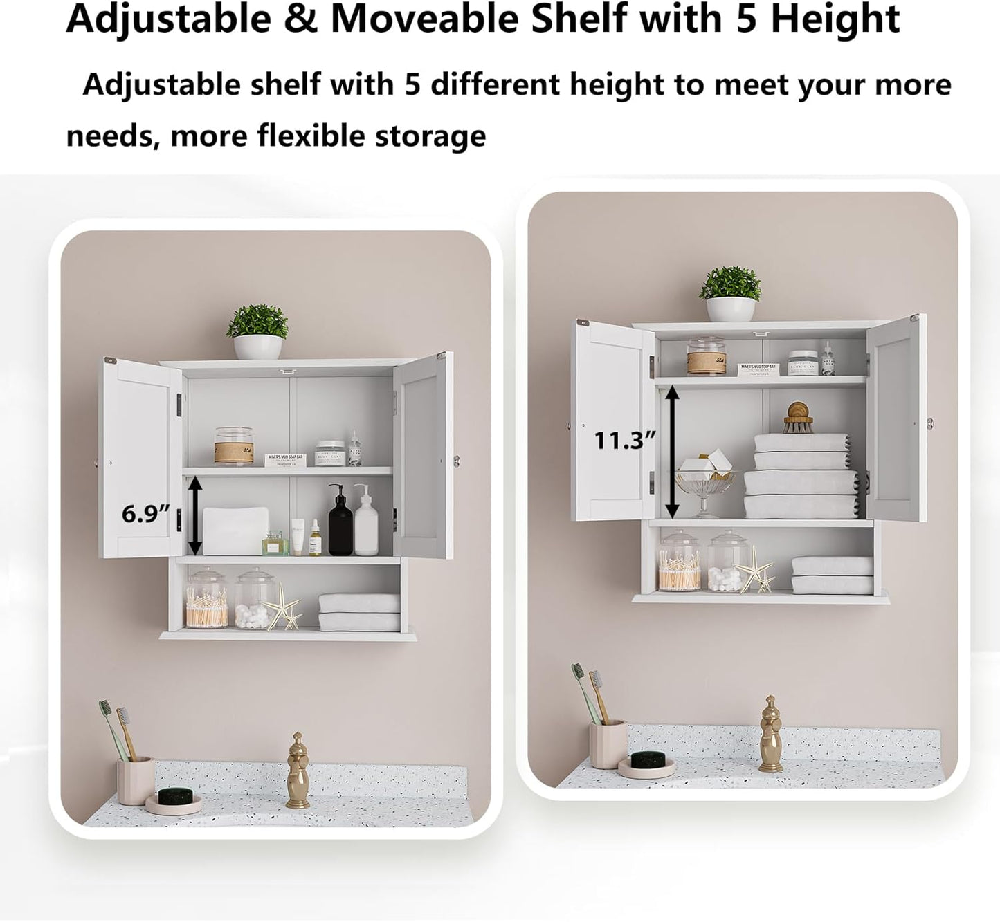 Bathroom Wall Cabinet, Bathroom Cabinet Wall Mount with 2 Doors and Open Shelf, Over The Toilet Wall Storage Cabinet, Bathroom Medicine Cabinet