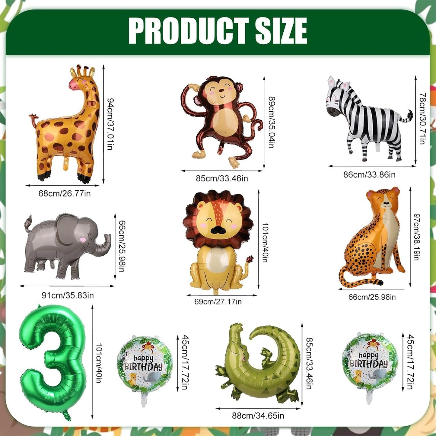 10pcs Jungle Safari Animal Balloons, Cute Jungle Theme Zoo Party Supplies Monkey Elephant Zebra Leopard Crocodile Giraffe Shaped for Birthday Party Decor (Number 3)