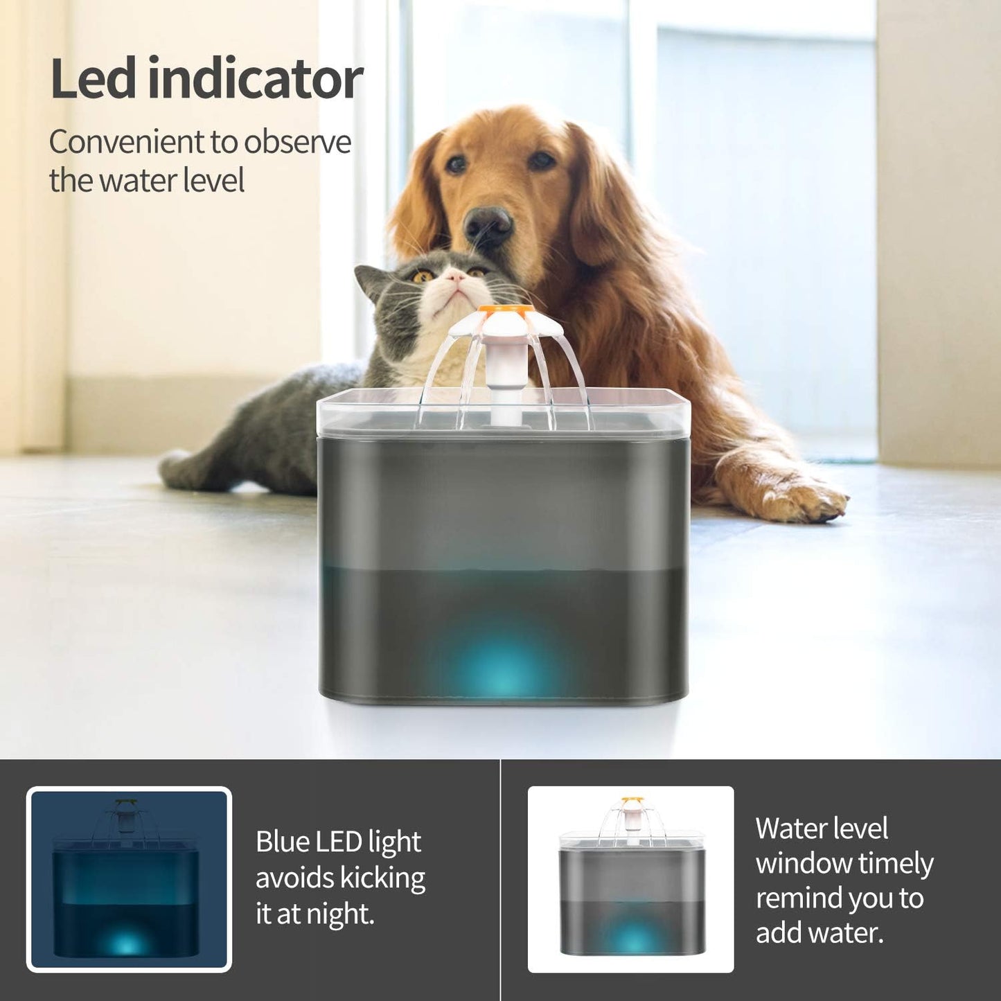 Cat Water Fountain, 67oz/2L Automatic Pet Water Fountain with Mat, Ultra Quiet Cat Water Dispenser with LED Light & Adapter for Cats Dogs Multiple Pets