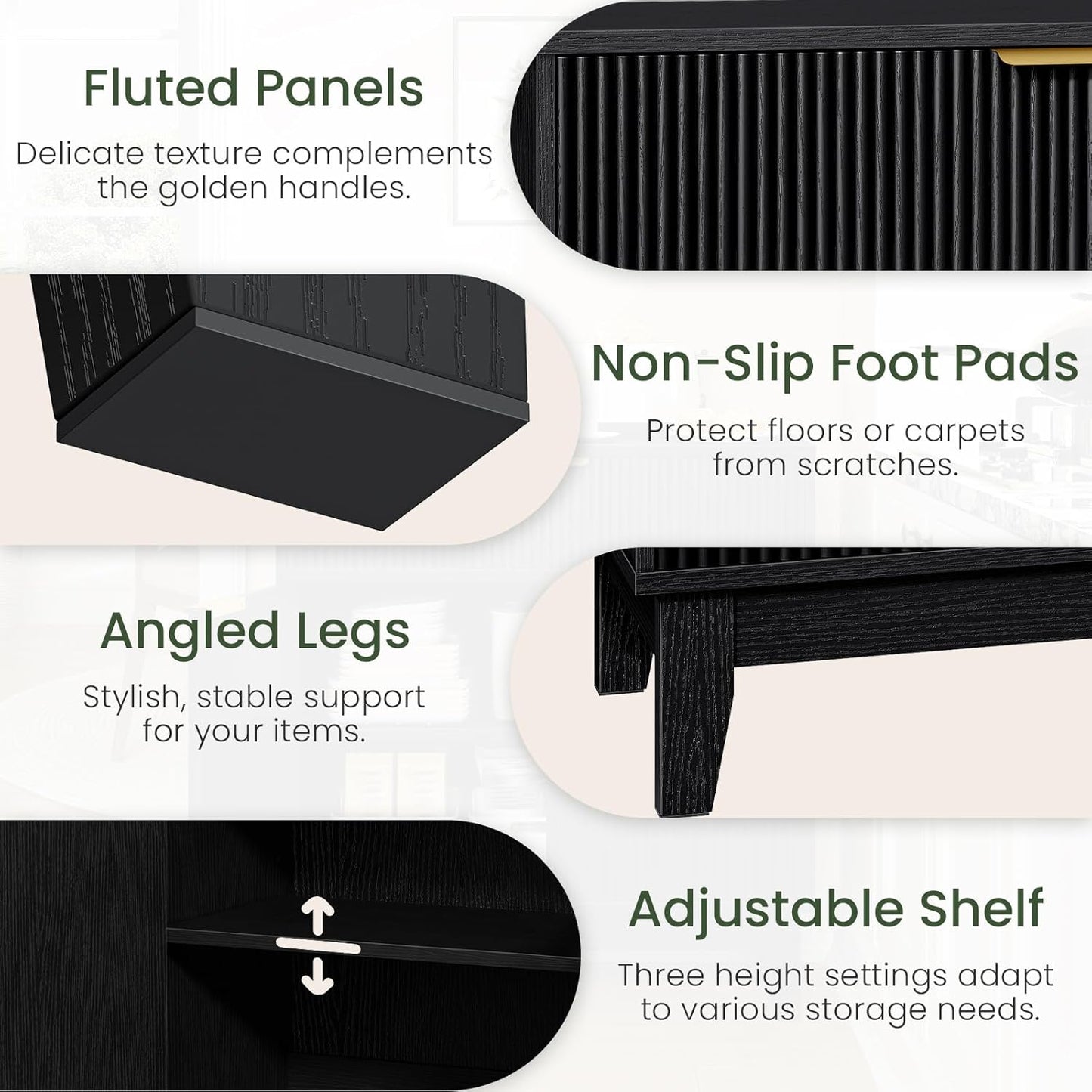 Fluted Buffets Sideboard, Buffet Sideboard with 1 Drawer & 1 Door, Kitchen Storage Cabinet with Adjustable Shelf and Slanted Legs, Buffet Cabinet for Kitchen, Living Room, Black MCB02BB