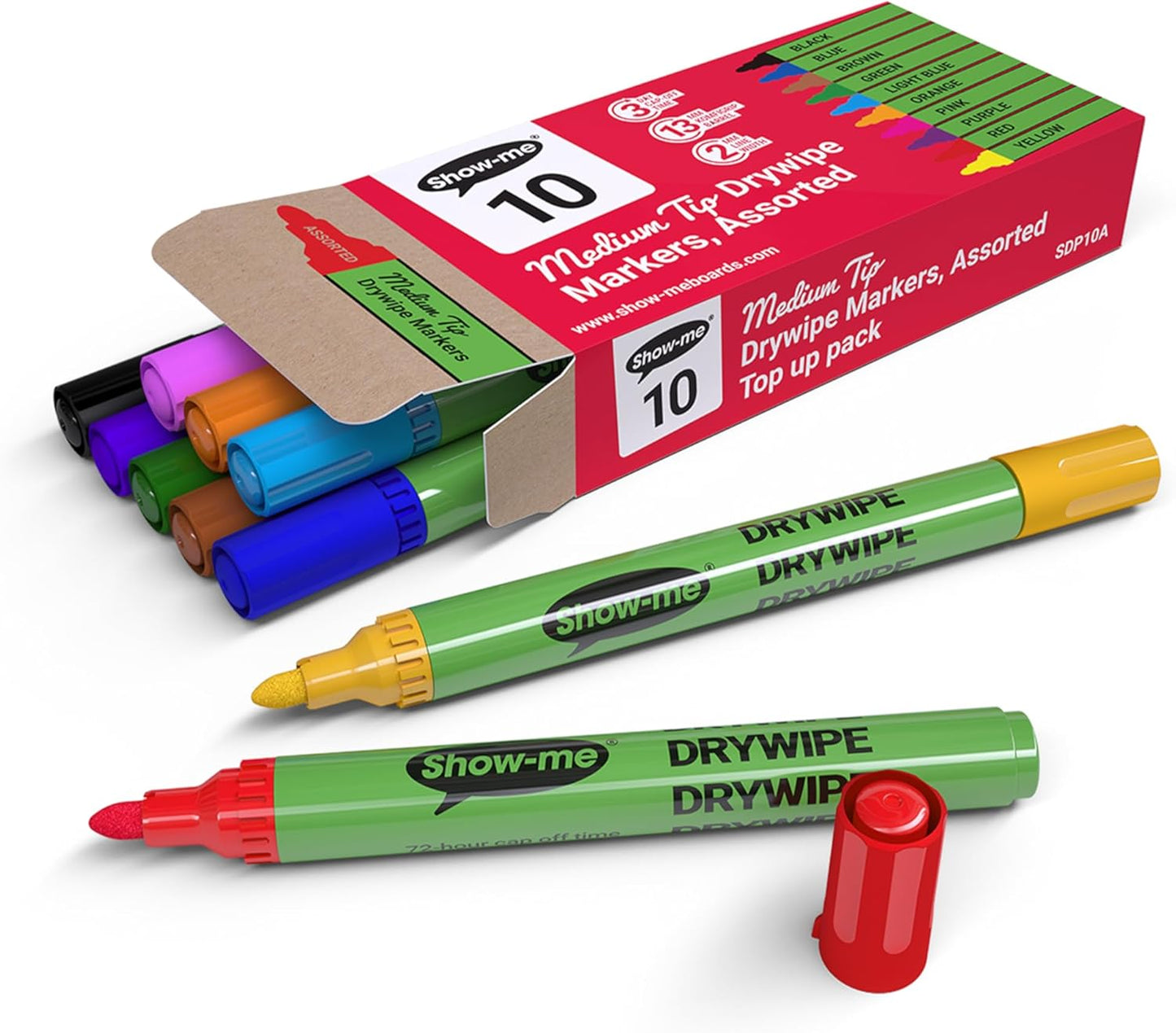SHOW-ME Box 10 Medium Tip Slim Barrel Dry Erase Markers - Assorted Colours (SDP10A)