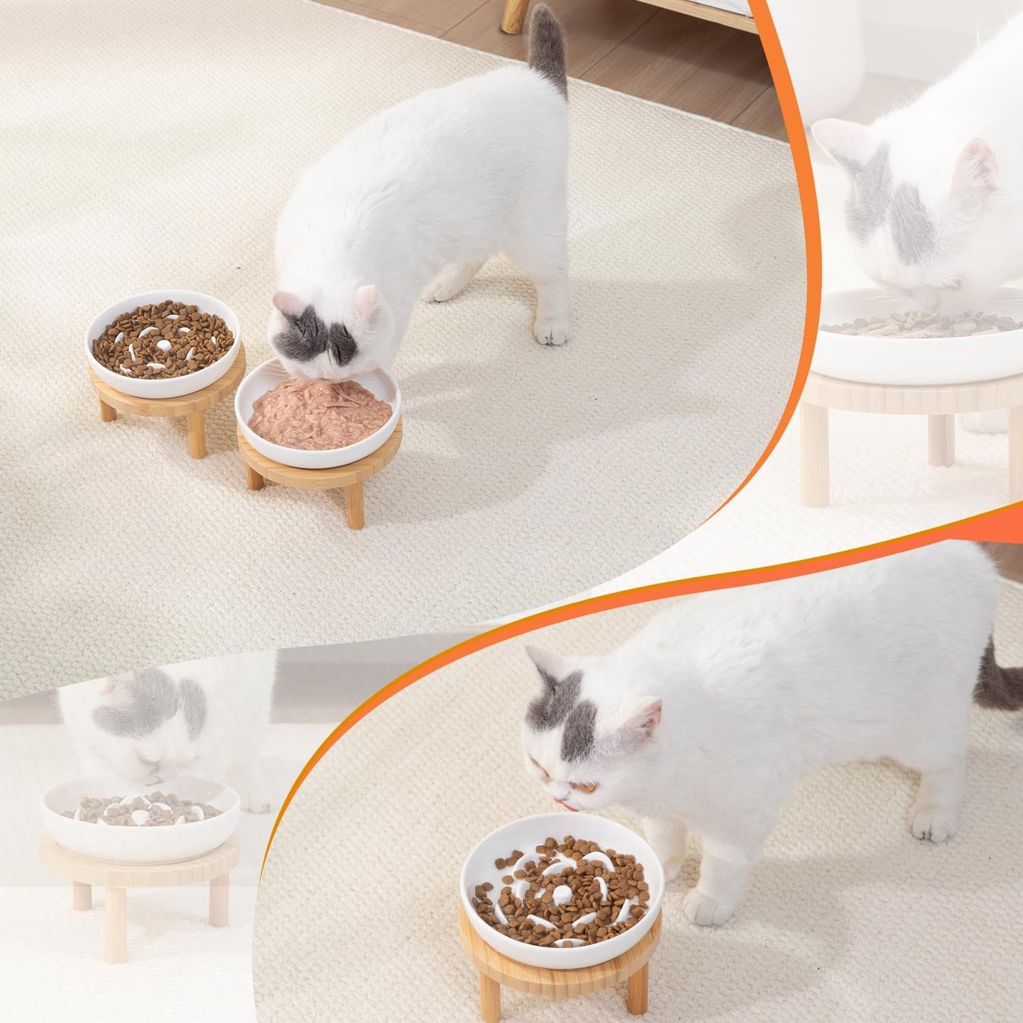 Raised Slow Feeder Cat Bowl, 5.9 Inch Wide Shallow Ceramic Elevated Glass Food Bowl Puzzle Feeders, Anti Vomit Cat Dish, Whisker Friendly Pet Plates Feeding Station for Indoor Cats, Kitten(2 Set)