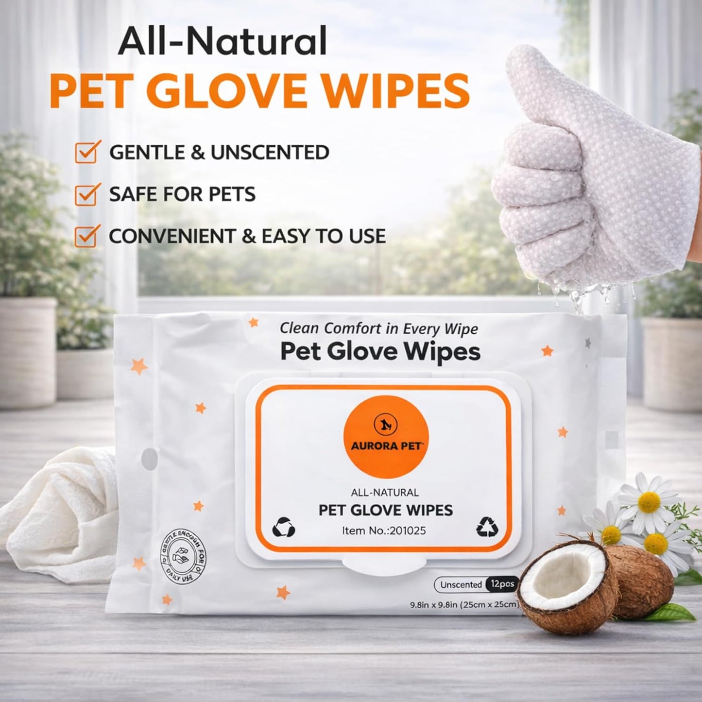 Aurora Pet Glove Wipes for Dogs & Cats, Wearable No-Rinse Grooming Glove Wipes for Paws, Face, Ears & Body, Hypoallergenic Disposable Pet Cleaning Wipes, Unscented, 24 Count