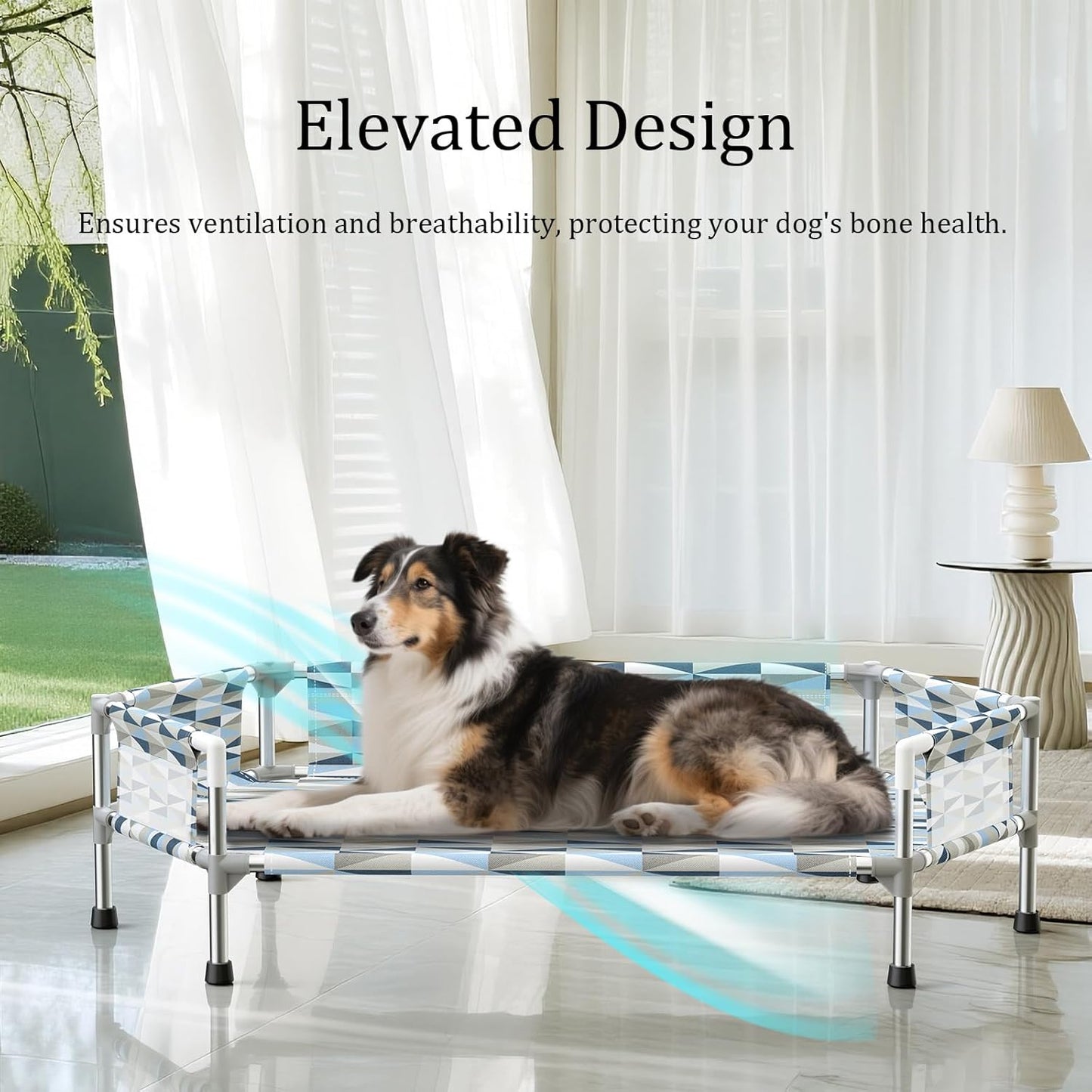 Elevated Dog Bed with Guardrail, Cooling Outdoor Pet Cot with 5-Sided Fence，Raised Dog Cot with 6-Metal Frame