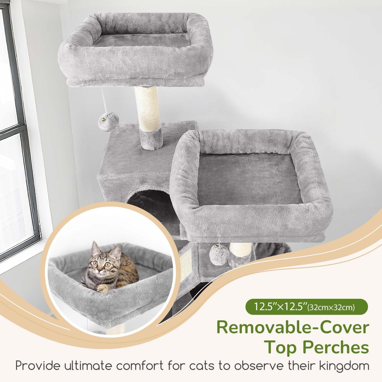 Globlazer Large Cat Tree Tower for Indoor Cats, 74in Tall Sturdy Cat Tree Condo for Large Cat with Scratching Posts and Board, Cat Condos for Adult Cats Kittens, Top Perches, Pet Bed, F74D, Light Grey