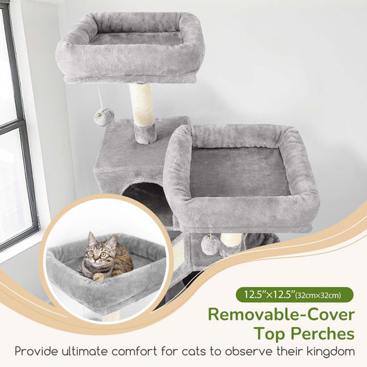 Globlazer Large Cat Tree Tower for Indoor Cats, 74in Tall Sturdy Cat Tree Condo for Large Cat with Scratching Posts and Board, Cat Condos for Adult Cats Kittens, Top Perches, Pet Bed, F74D, Light Grey