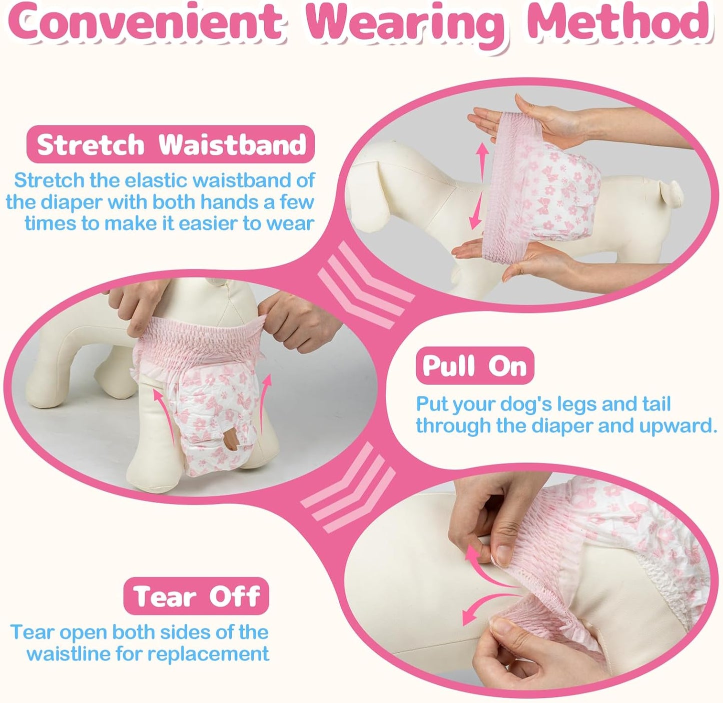 Dono Disposable Pull It Up Female Dog Diapers, 360° Stretchy Waist Puppy Diapers, Super-Absorbent Doggie Diapers with Rapid-Dry Technology Leak-Proof Design for Doggy in Heat Period, XS 10 Pcs