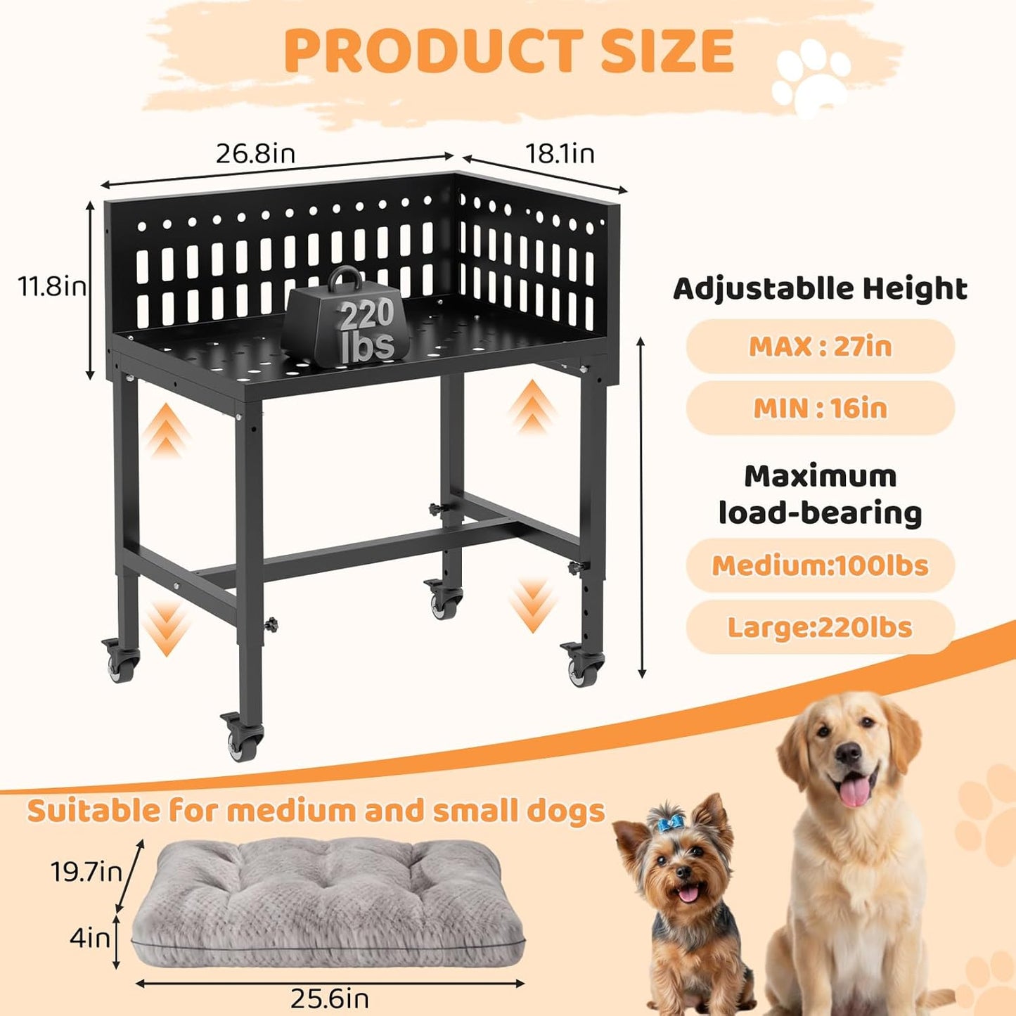 Beside Dog Bed,2 Panels Adjustable Height Dog Bunk Beds,26.8”x18.1” Metal Frame & Cushion, Converts to Bunk Bed or Bed Extension Attachment for Human Bed, for Small/Medium Dogs