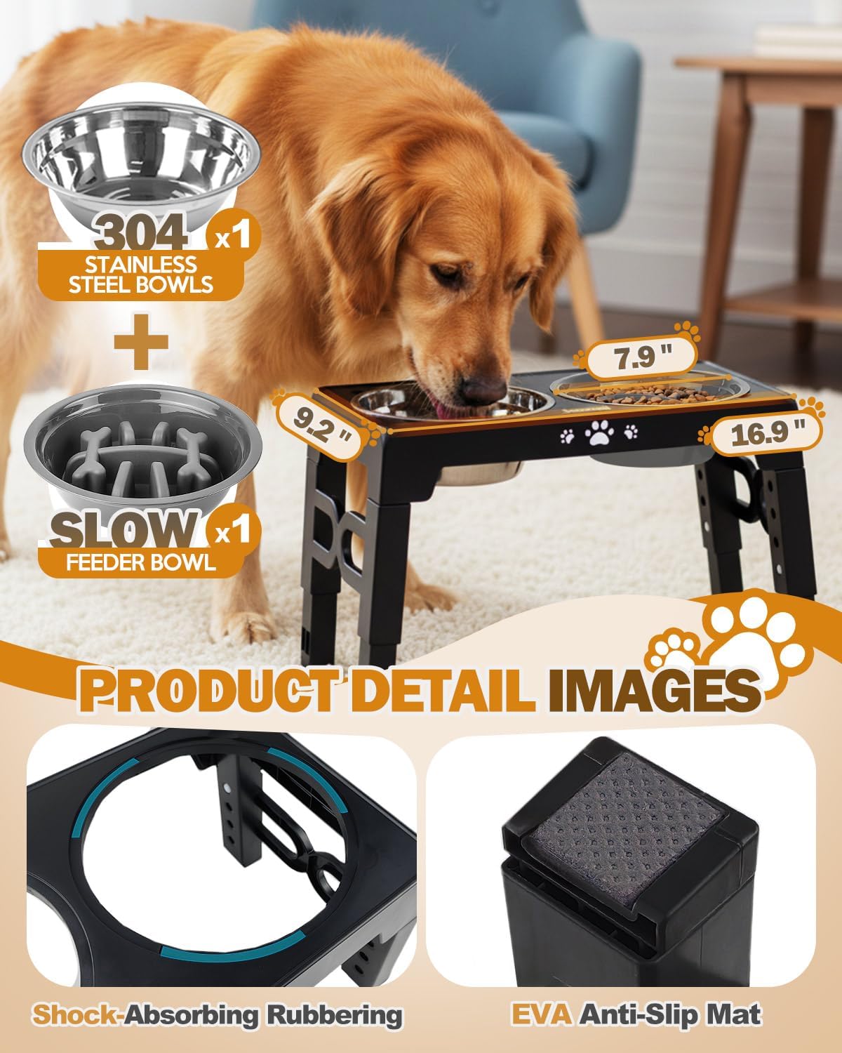 Elevated Dog Bowls for Medium Size Dogs, Non-Slip Dog Feeder with 1*Stainless Steel Dishes & 1*Slow Feeder Bowl, 5 Heights Adjustable Raised Bowls to 3.15″-8.66″-9.84″-11.02″-12.2″