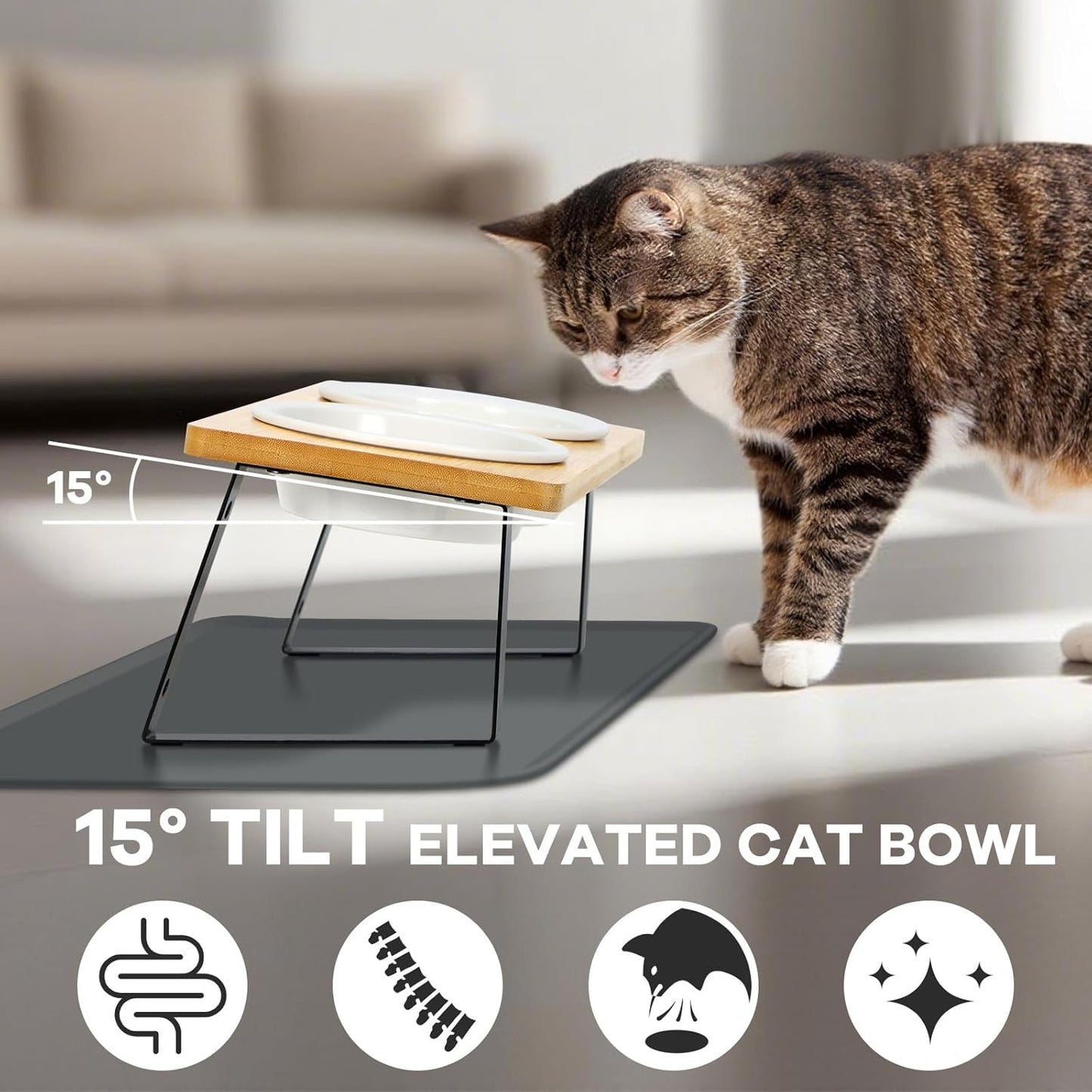 Upgraded Adjustable Height Cat Food Bowls Stand Ceramic Dog Bowls and Slow Feeder Cat Bowl, 15°Tilted Stand Anti Vomiting Raised for Small and Medium Sized Cats Dogs (Creamy White)
