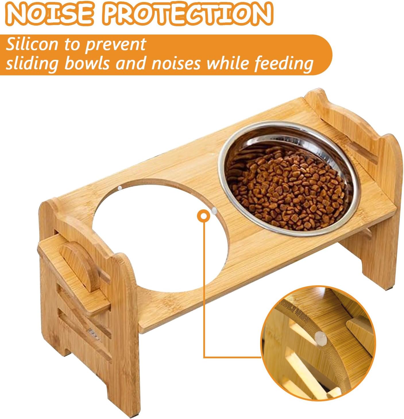 Elevated Dog Bowls, Adjustable Raised Tilted Food Water Bowl, Slanted Bamboo Pet Feeding Station with Stainless Steel Bowl for Small & Medium Dogs, Cat Kitten Flat Faced Puppy Feeder