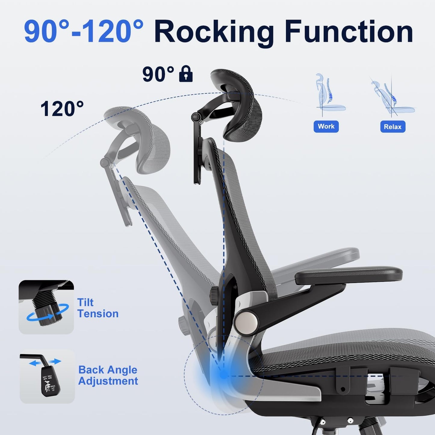 Ergonomic Office Chair, Mesh Seat Cushion with 3D Armrests and 3D Headrest, Adjustable Lumbar Support with 90-120° Rocking Function, Black