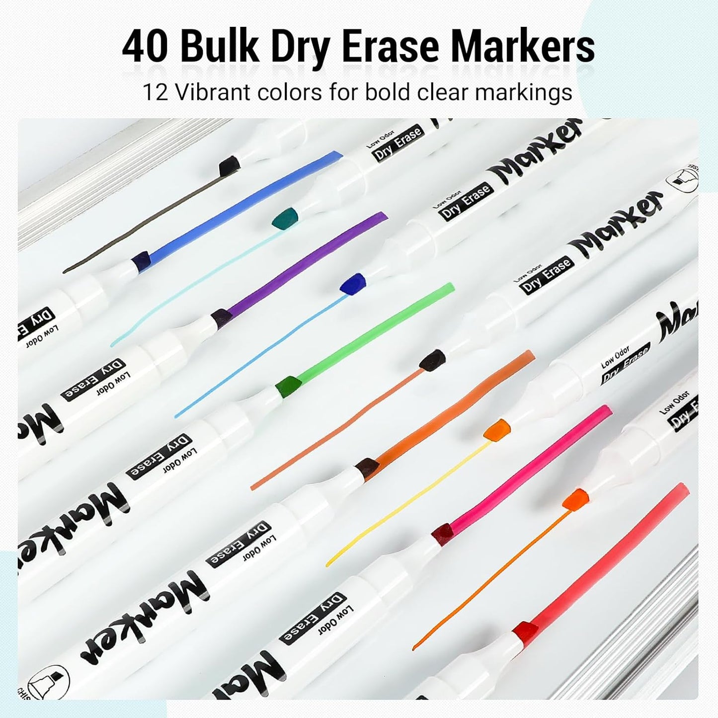 KERIFI Low Odor Dry Erase Markers for Kids, Chisel Tip Whiteboard Markers Non-Toxic, 40 Bulk 12 Assorted Colors Dry Erase Pens for Classroom, School, Teacher, Home & Office Supplies