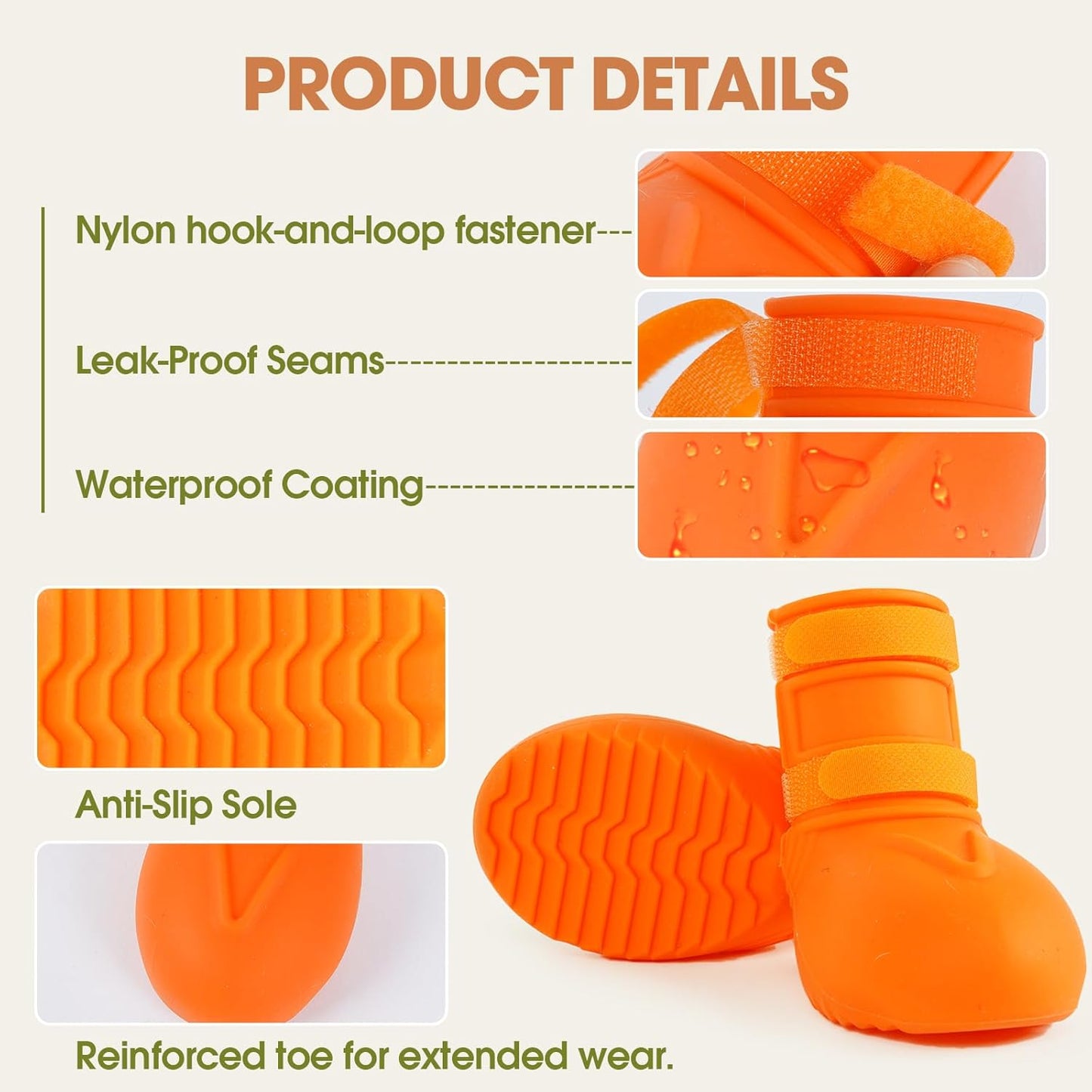 Pezluxe Waterproof Dog Boots, Non-Slip Dog Rain Boots with Ergonomic Design for Front & Back Paws, Outdoor Dog Shoes for Small Medium Large Dogs, Paw Protectors for Hot Pavement & Snow, Orange, XL