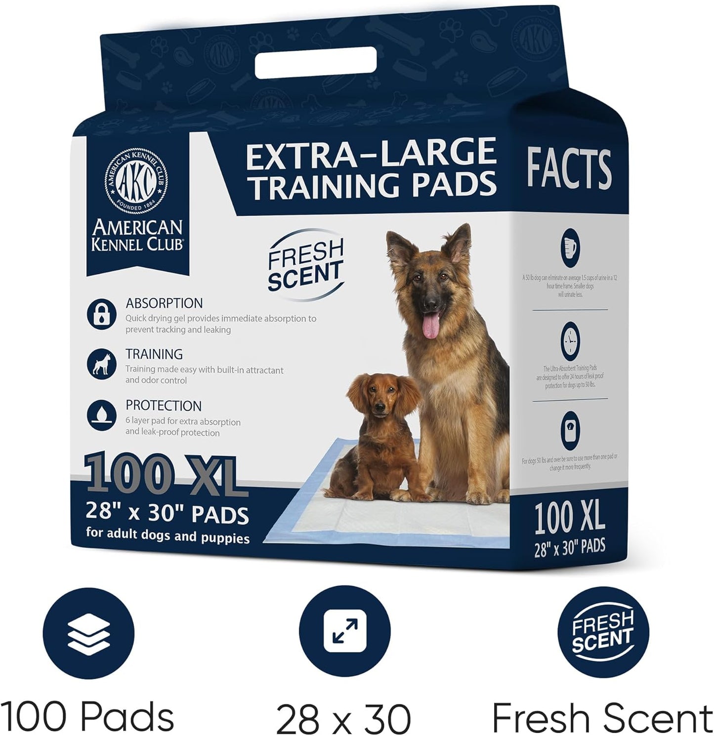 American Kennel Club Scented Puppy Pads – XXL & XXL+ Sizes – 28x34 Ultra Absorbent 6-Layer Pee Pads with Odor Control & Quick-Dry Gel (Fresh Scented, XL 30" x 28" - 100 Count, Pack of 1)