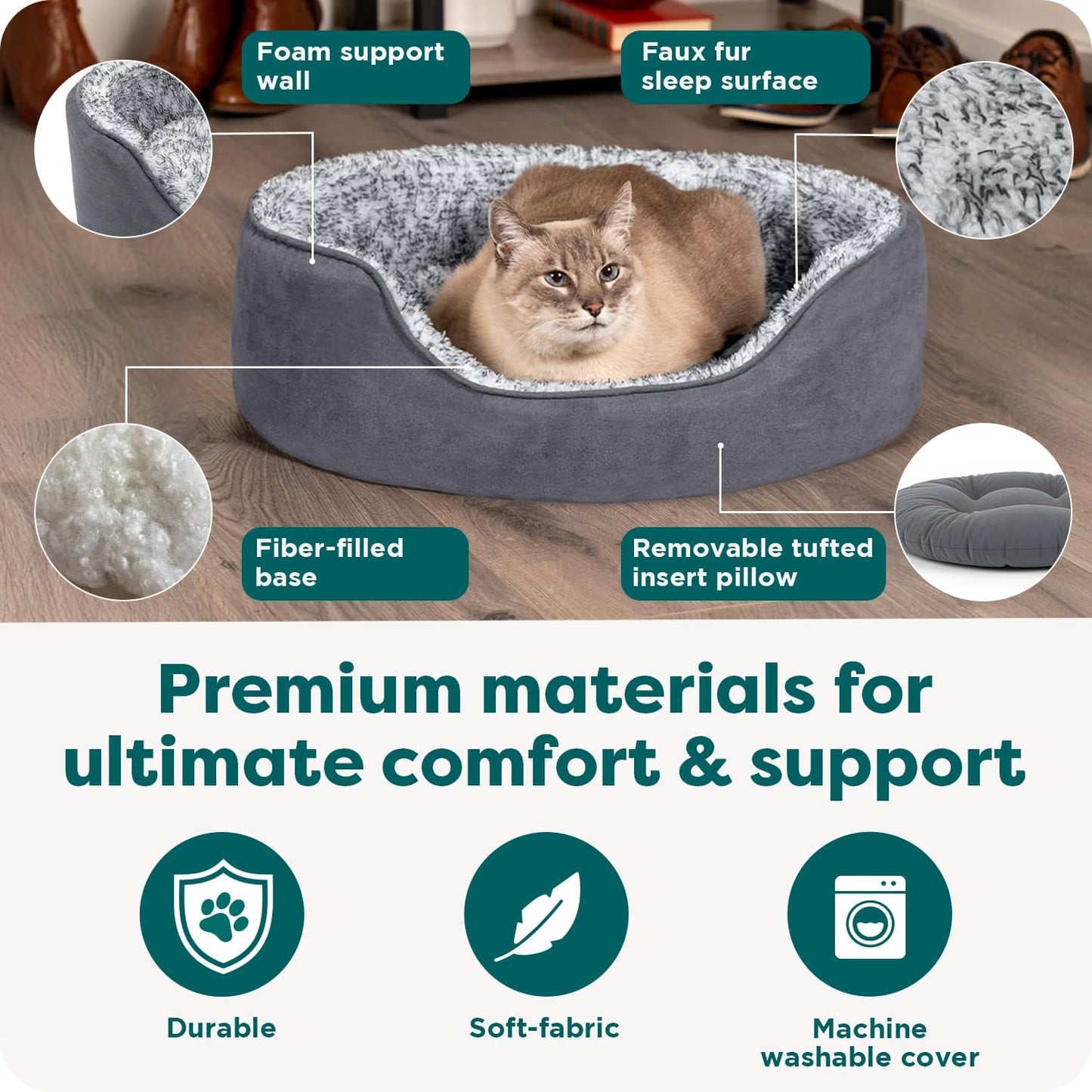 FurHaven Dog Bed for Small Dogs, Oval Lounger with Soft Pillow Cushion Insert for Cozy Comfort, Removable Washable Cover, Small, Faux Fur & Suede, Gray