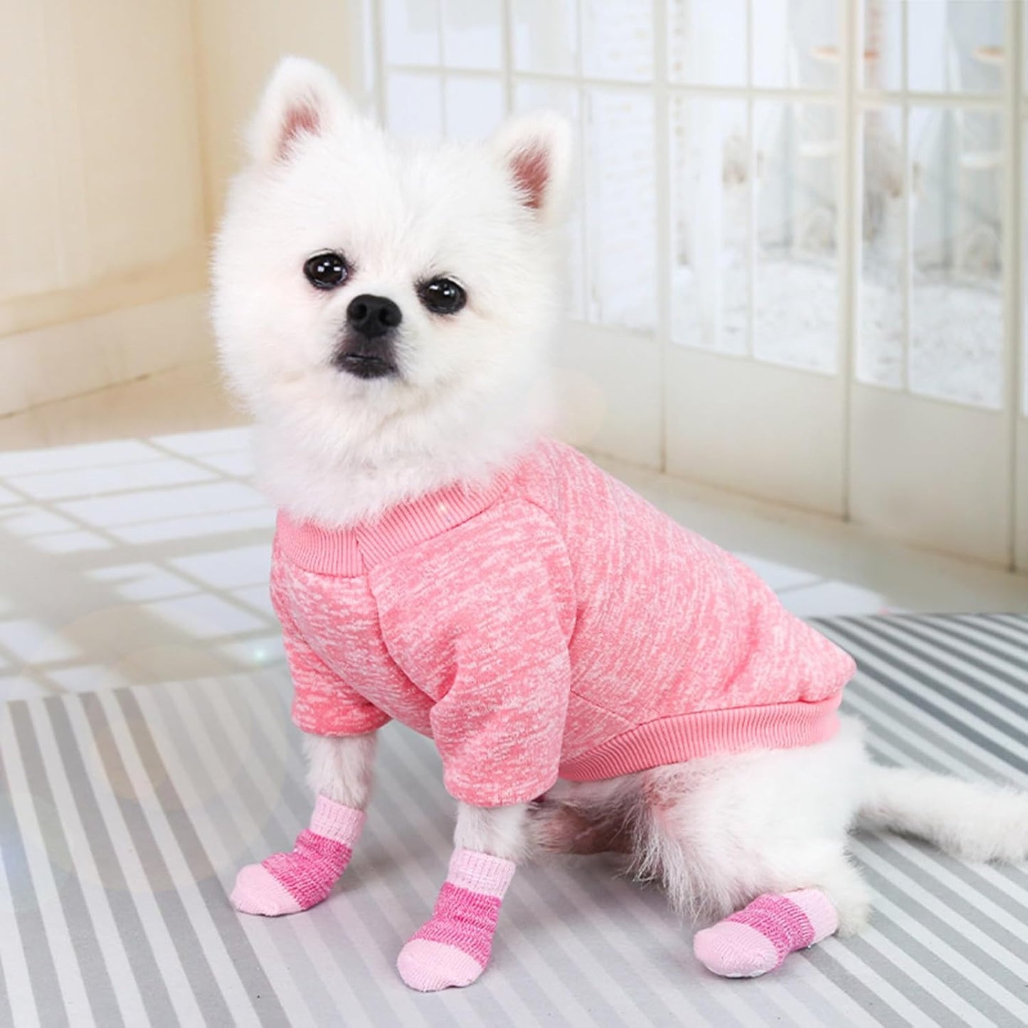 4Pcs Dog Socks Knitted Grip for Pets with Cartoon Pattern Anti-Slip Shoes for Home Hardwood Floor Wear Dog