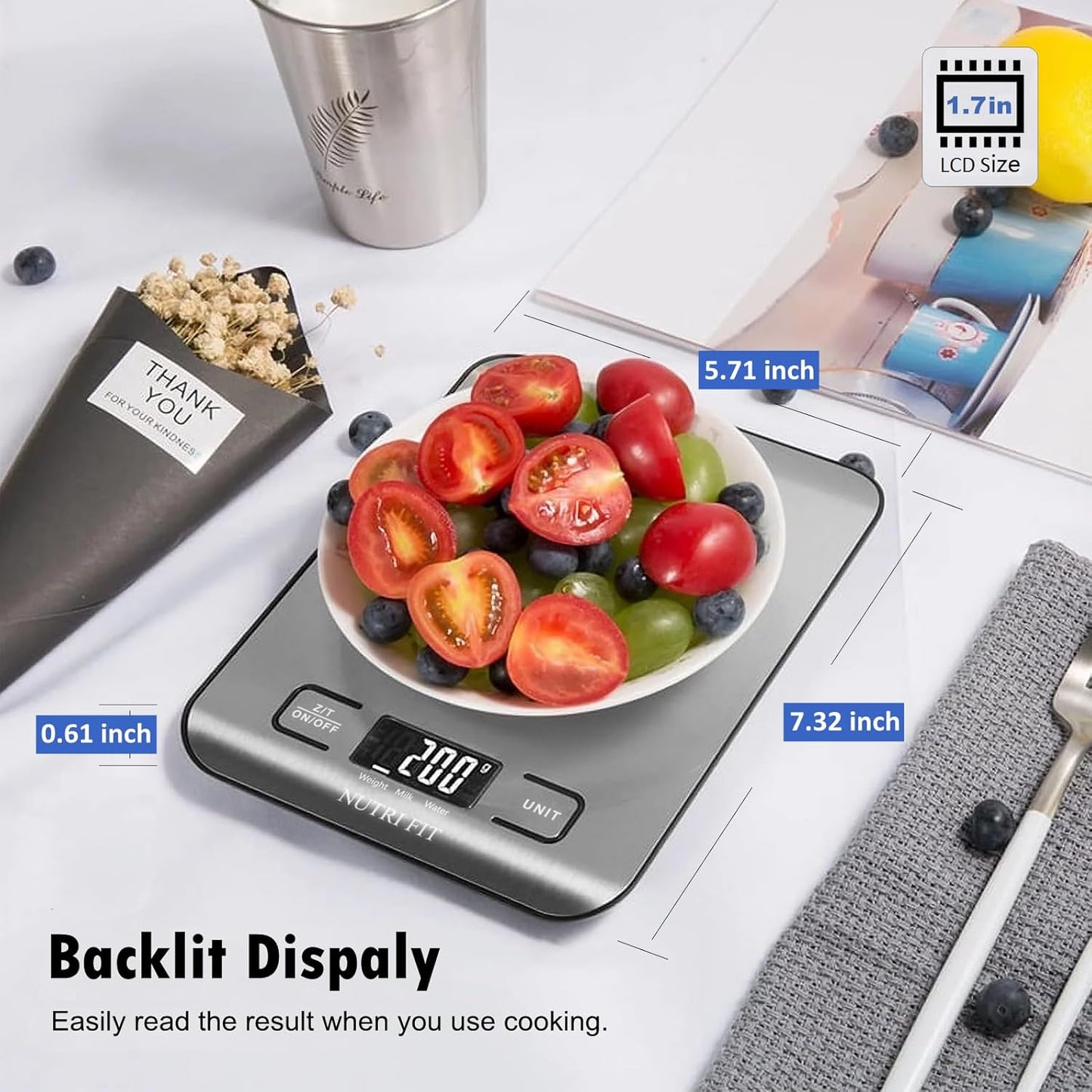 Food Scale, Kitchen Scales Digital Weight Food Grams and Ounces for Weight Loss Baking Cooking of NUTRI FIT, Max 11lb 1g Increment, Backlight LCD Smart Tare Stainless Steel, Easy to Use, AAA Battery
