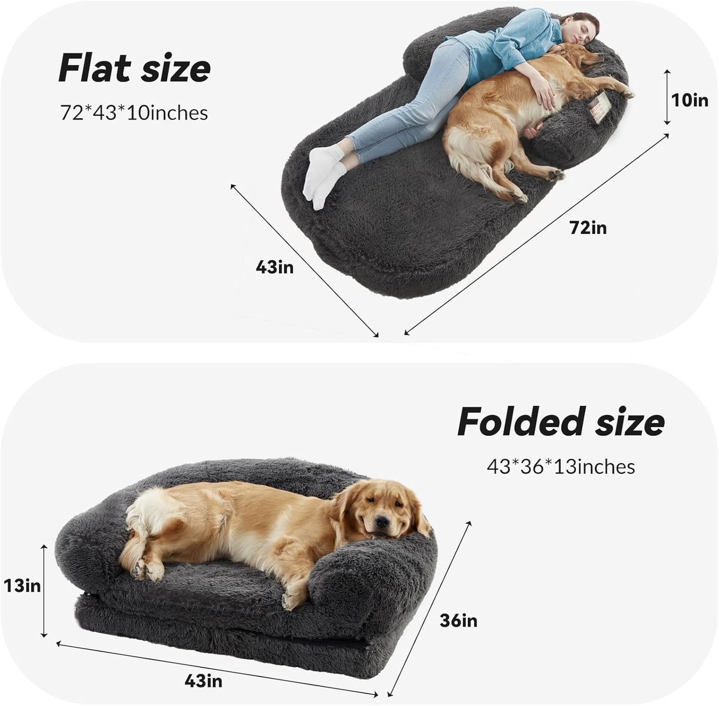 Human Dog Bed - 자이언트 접이식 정형외과 플러시 조절 가능한 소파 베드, 182.9cm x 109.2cm x 25.4cm(72x43x10인치) 다크 그레이 플러시