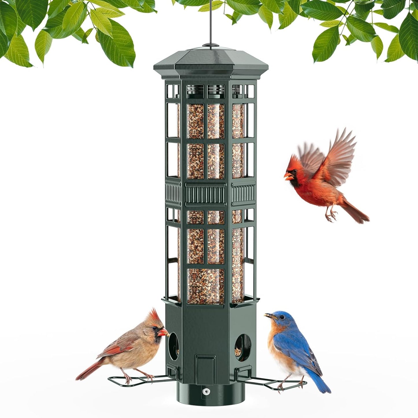 Squirrel Proof Bird Feeder for Outdoors, Gravity Spring Hanging Metal Bird Feeder, 3 Port, Chew-Proof & Weather Resistant, 3LB Large Capacity, Attract Wild Birds, Green