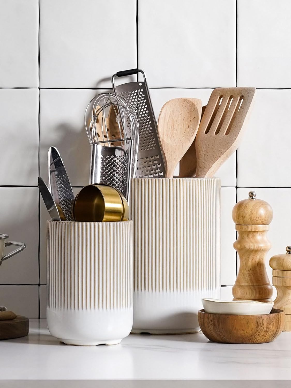 LE TAUCI Utensil Holder for Kitchen Counter, 7.3"+5.4" Fluted Ceramic Utensil Crock Organizer for Countertop, Heavy Large Holder for Spatulas, Spoons, Set of 2, Warm White Glaze