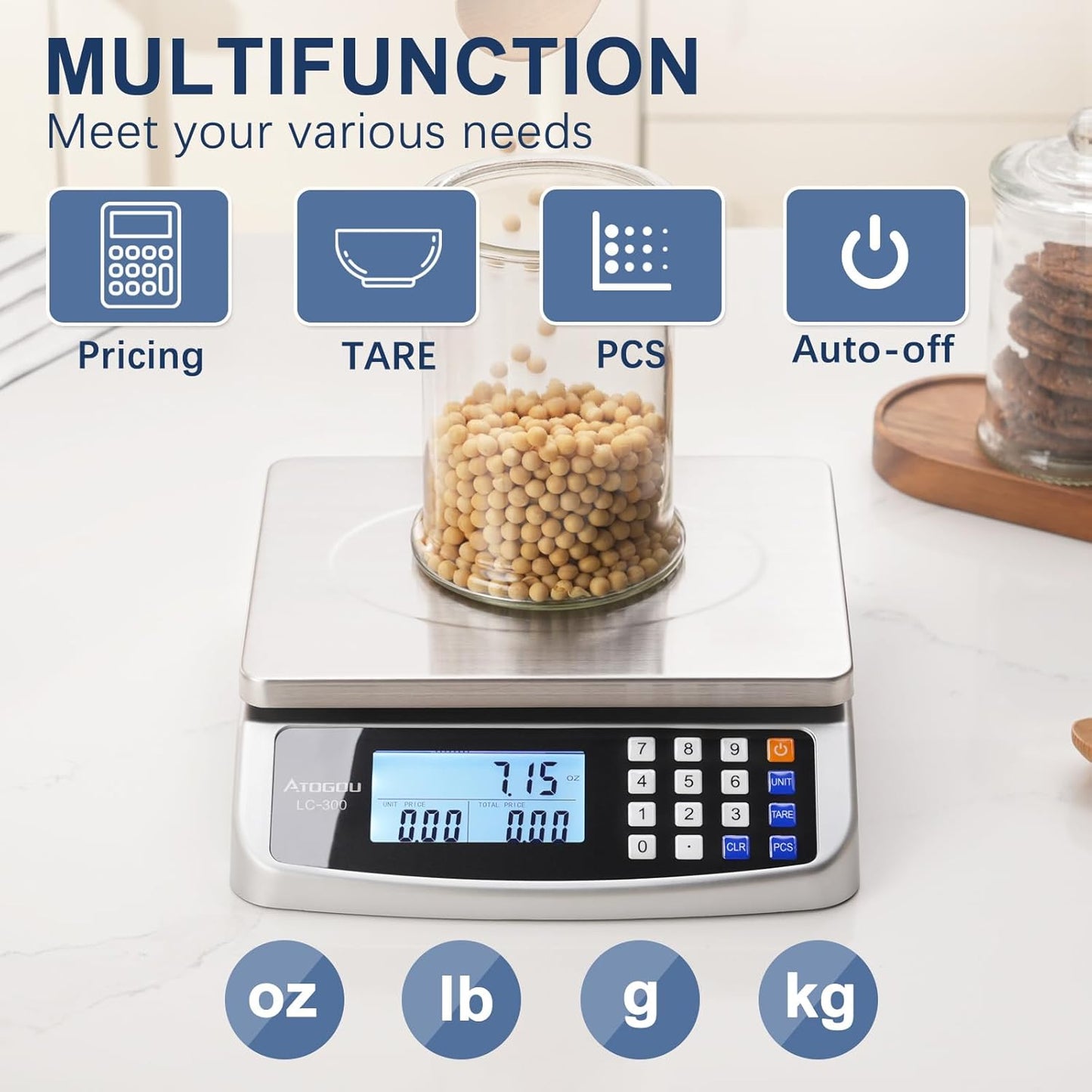 Atogou 110lb Food Scale, Commercial Kitchen Scale with Price Computing, Plug-in Usable, 0.05oz/1g, 304 Stainless Steel, for Cooking, Vegetables, Farm, Industry, Counting. LC300 Silver